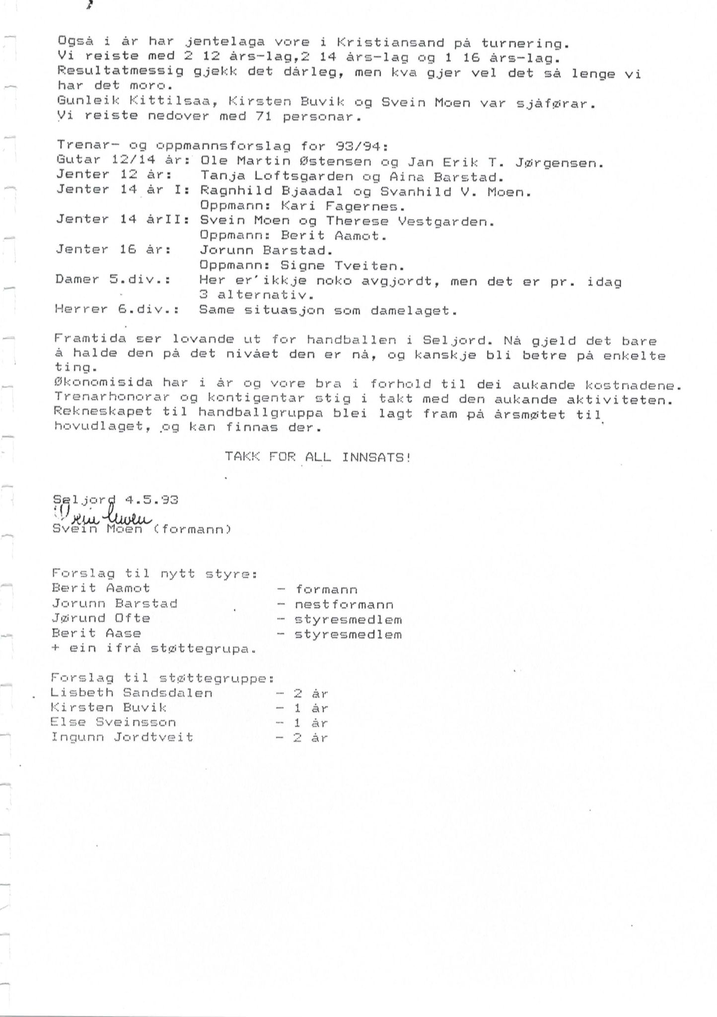 Seljord Idrettslag, VTM/A-1034/A/Ab/L0002: Årsmeldingar, 1994