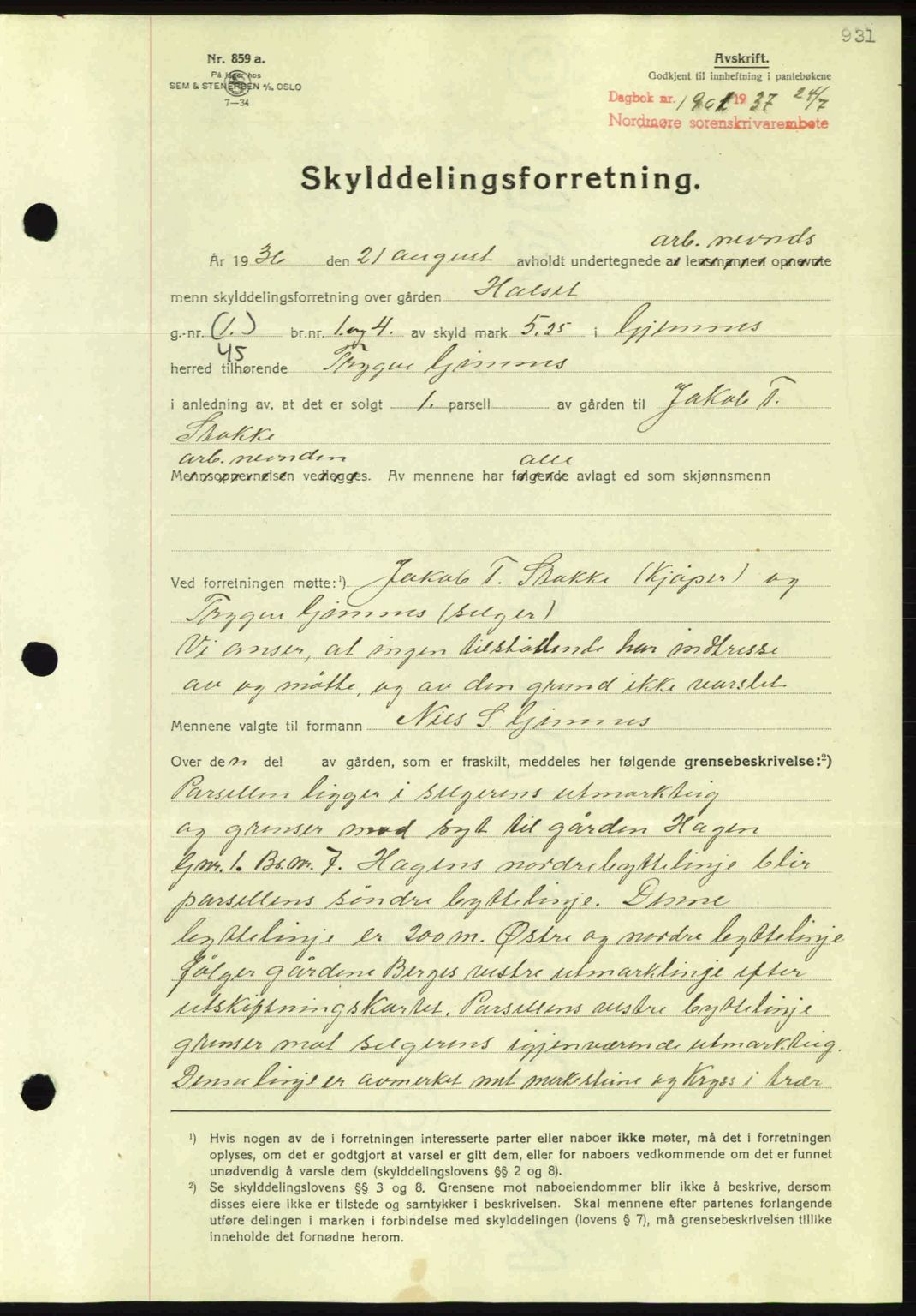 Nordmøre sorenskriveri, SAT/A-4132/1/2/2Ca: Pantebok nr. A81, 1937-1937, Dagboknr: 1901/1937