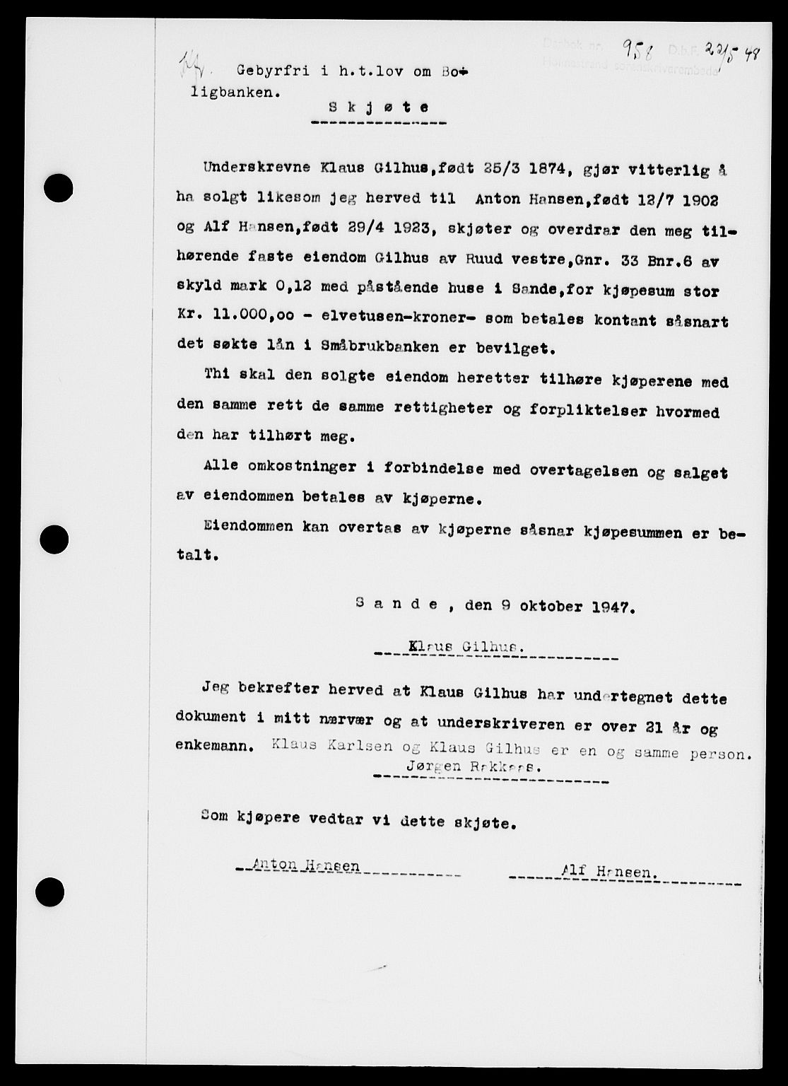 Holmestrand sorenskriveri, SAKO/A-67/G/Ga/Gaa/L0064: Pantebok nr. A-64, 1948-1948, Dagboknr: 958/1948