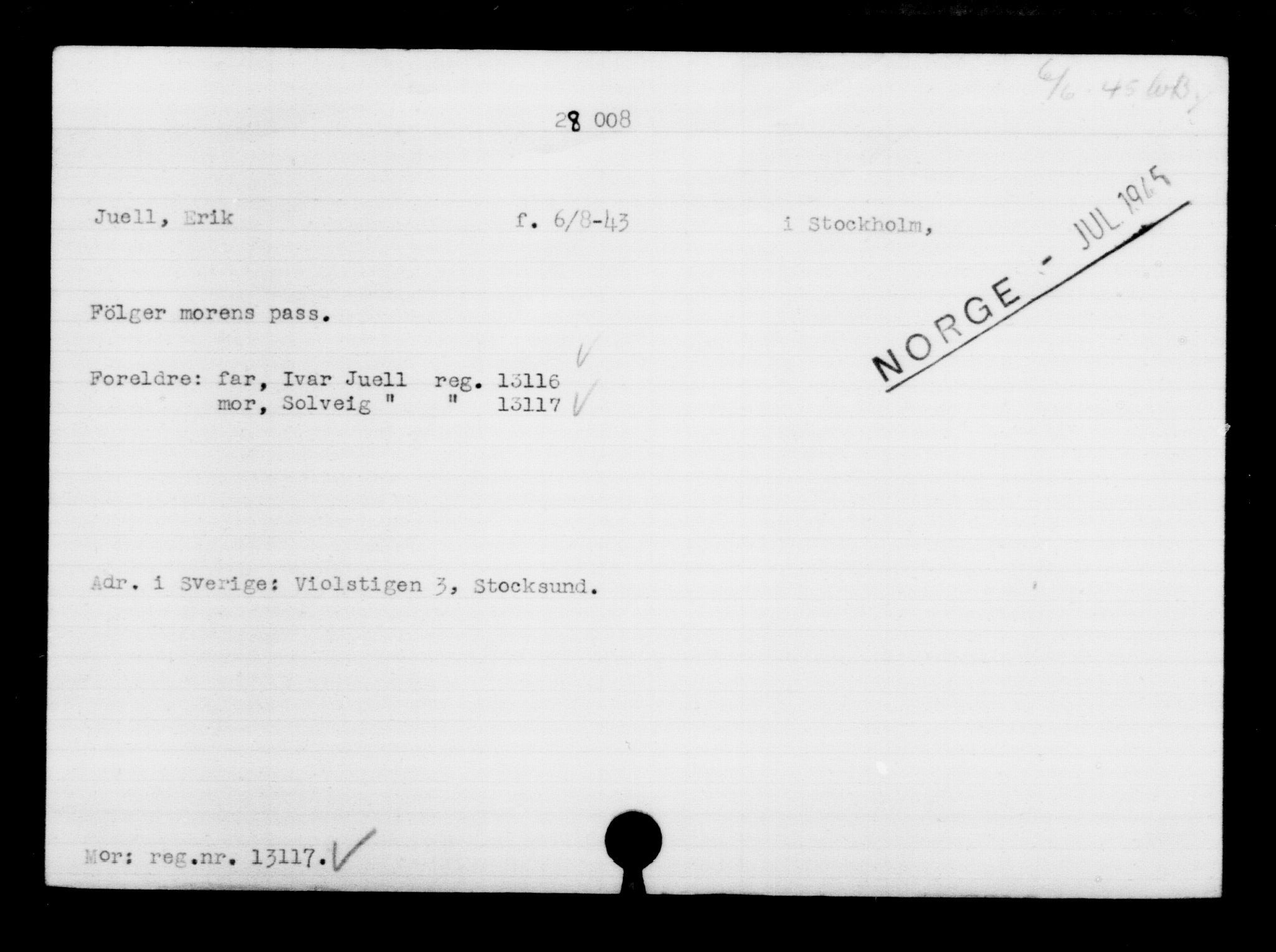 Utenriksstasjonene, Legasjonen i Stockholm, Flyktningkontoret, AV/RA-S-6753/V/Va/L0011: Kjesäterkartoteket, flyktninger med registreringsnr. 25300-28349, 1940-1945, s. 2890