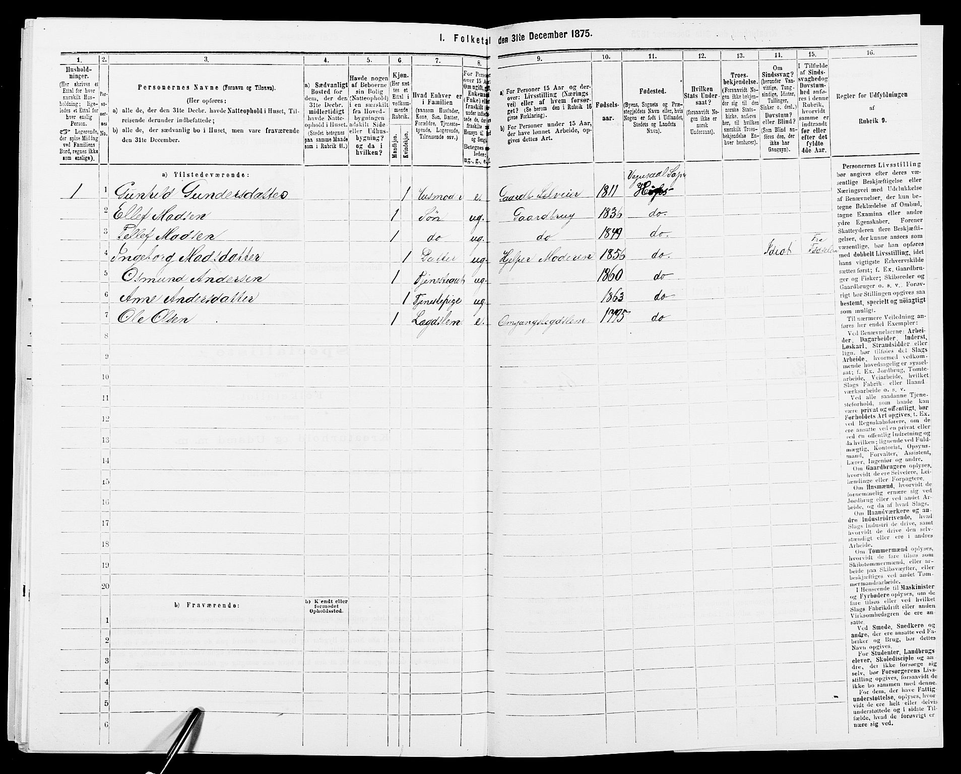 SAK, Folketelling 1875 for 0933P Herefoss prestegjeld, 1875, s. 543