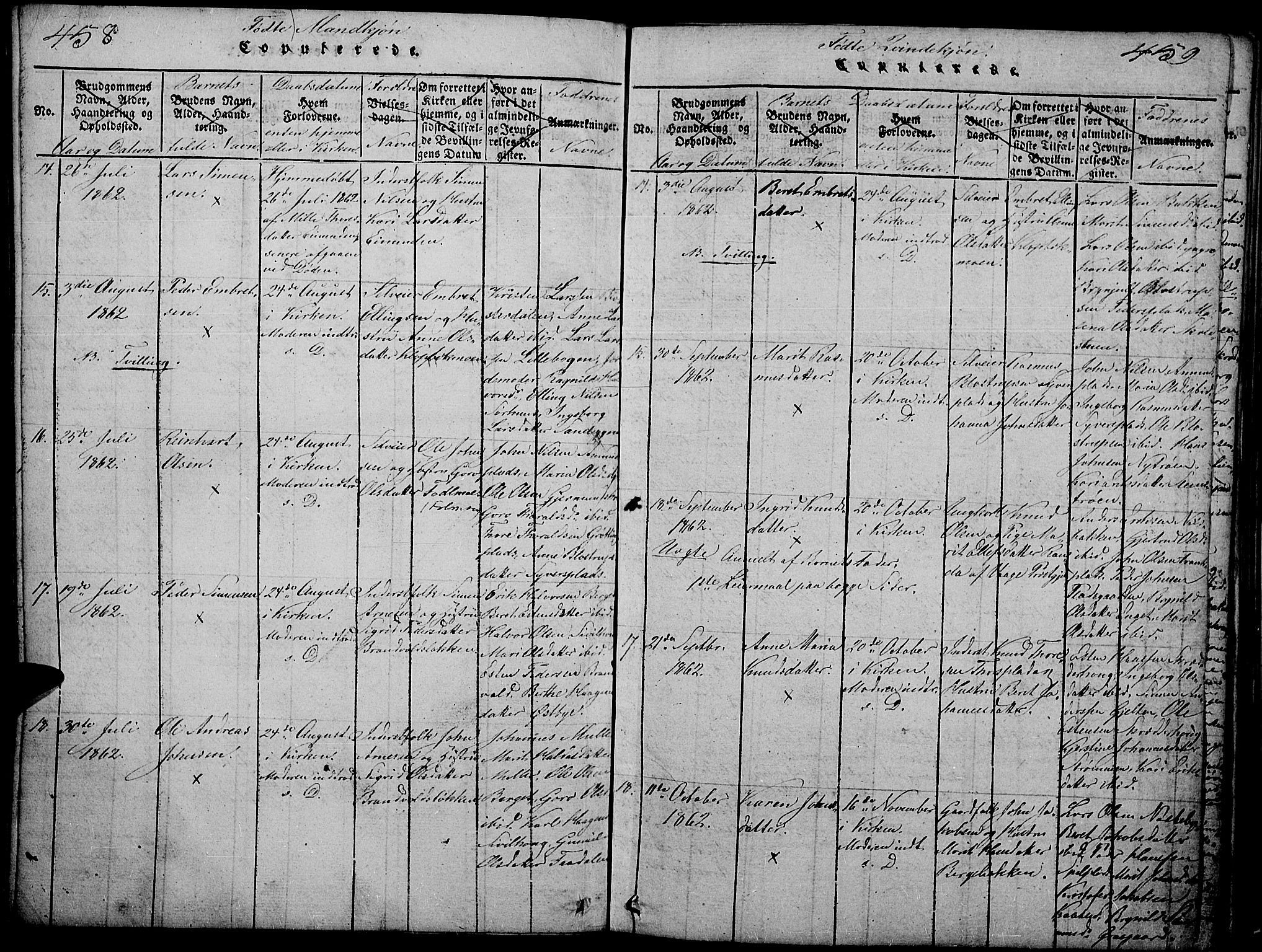 Tynset prestekontor, AV/SAH-PREST-058/H/Ha/Hab/L0002: Klokkerbok nr. 2, 1814-1862, s. 458-459