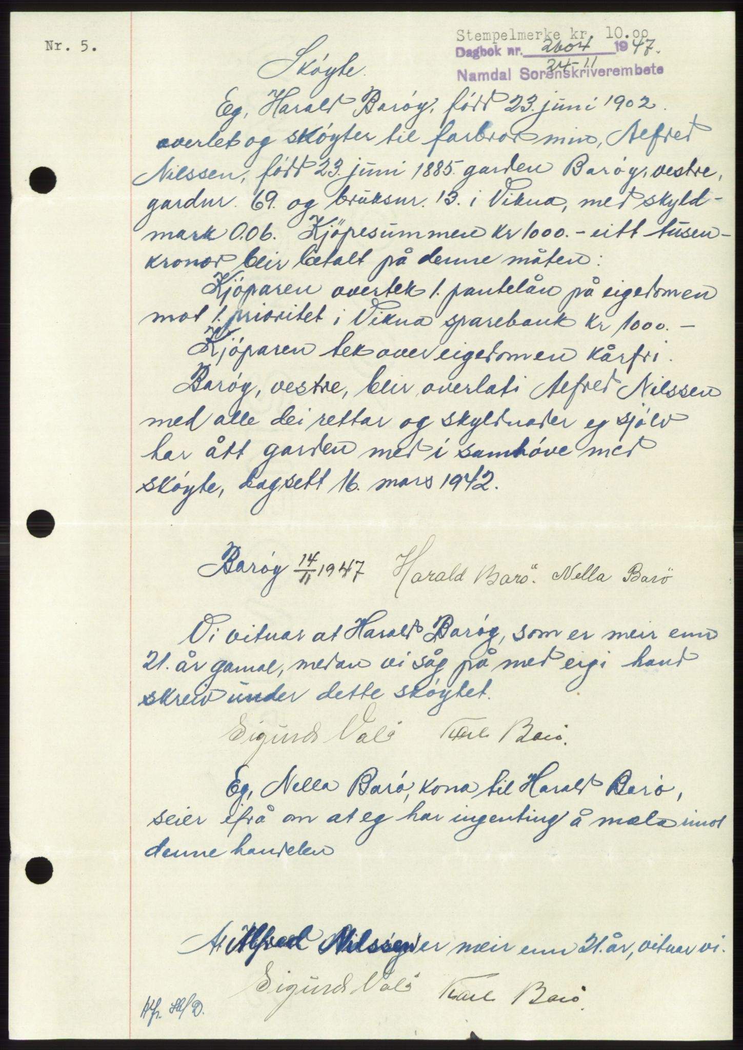 Namdal sorenskriveri, SAT/A-4133/1/2/2C: Pantebok nr. -, 1947-1948, Dagboknr: 2604/1947