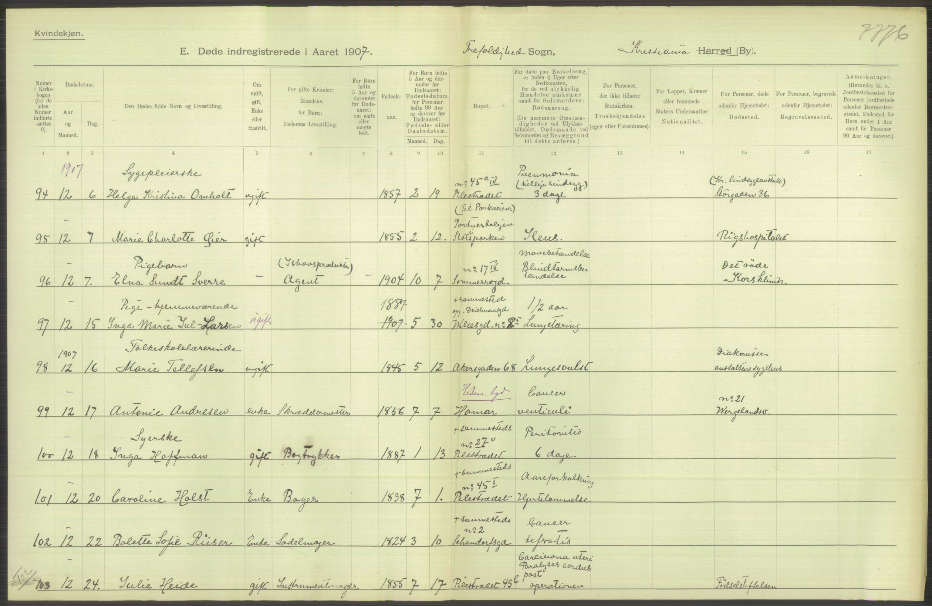 Statistisk sentralbyrå, Sosiodemografiske emner, Befolkning, RA/S-2228/D/Df/Dfa/Dfae/L0009: Kristiania: Døde, 1907, s. 174