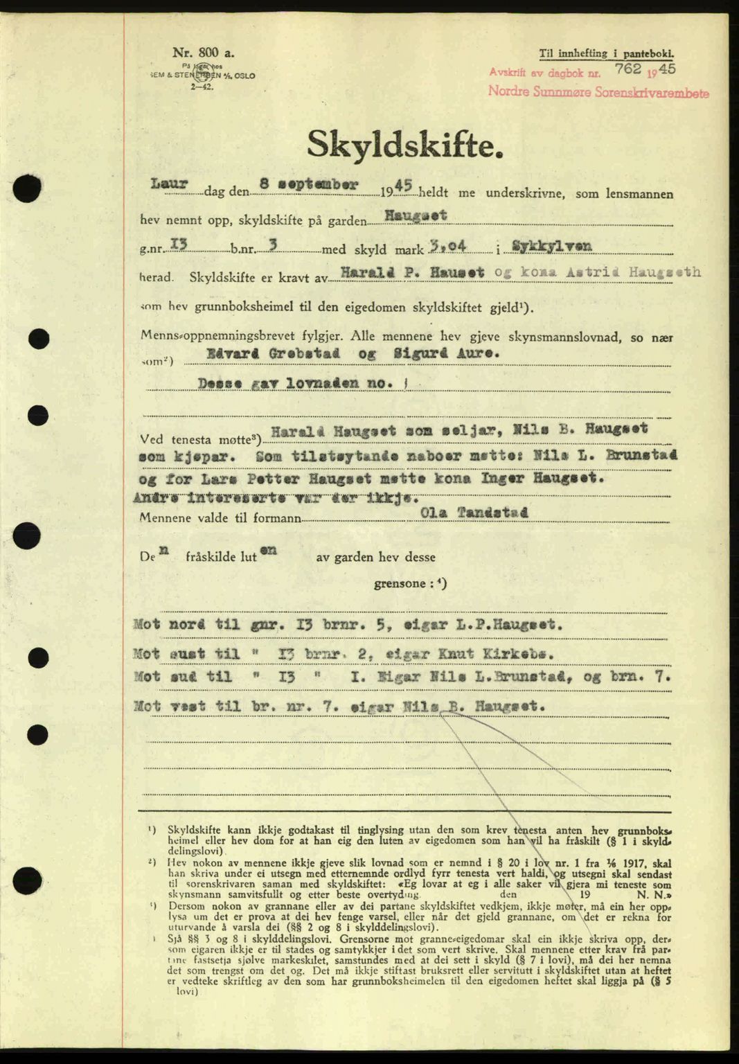 Nordre Sunnmøre sorenskriveri, AV/SAT-A-0006/1/2/2C/2Ca: Pantebok nr. A20a, 1945-1945, Dagboknr: 762/1945