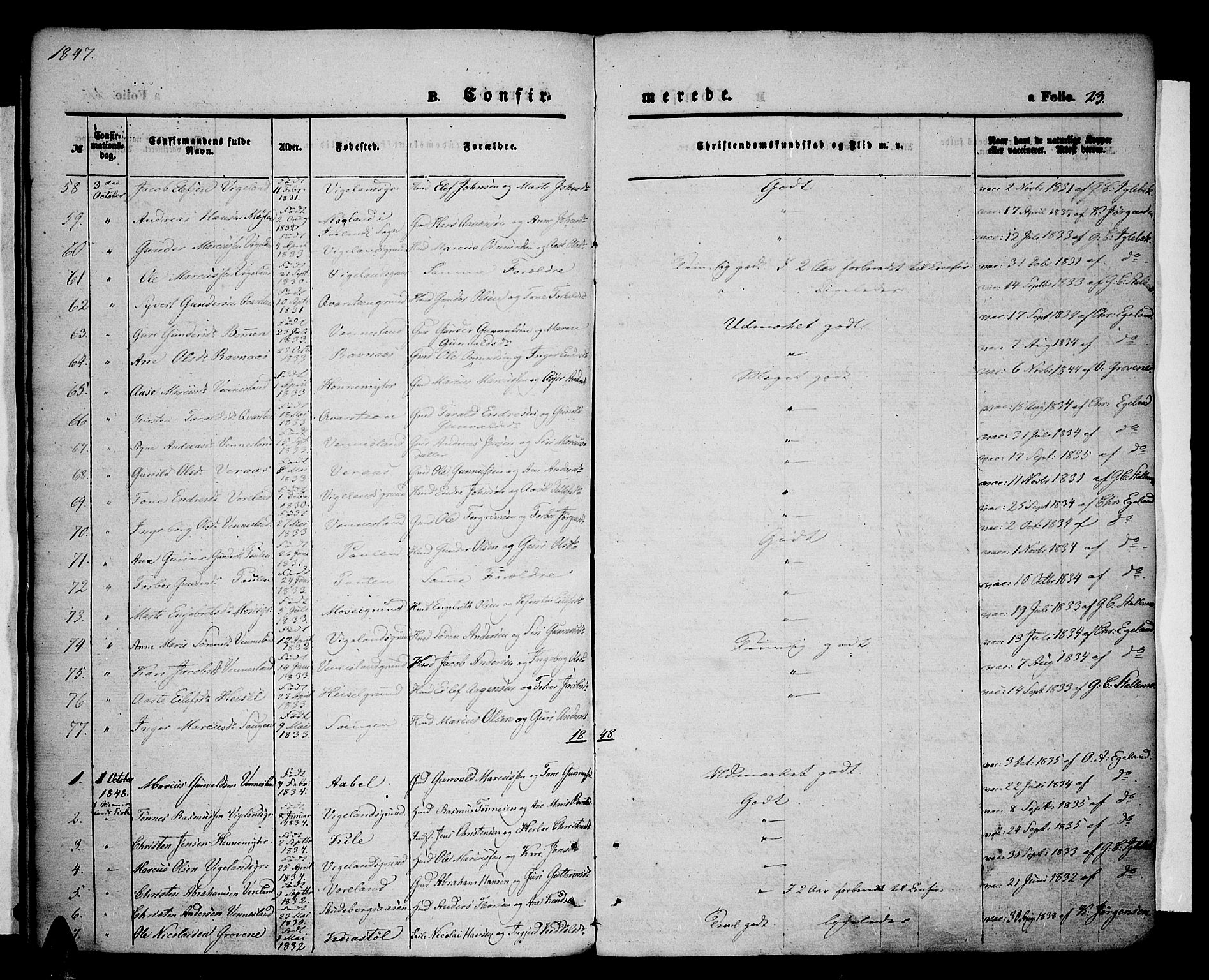 Vennesla sokneprestkontor, SAK/1111-0045/Fa/Fac/L0005: Ministerialbok nr. A 5, 1844-1855, s. 23