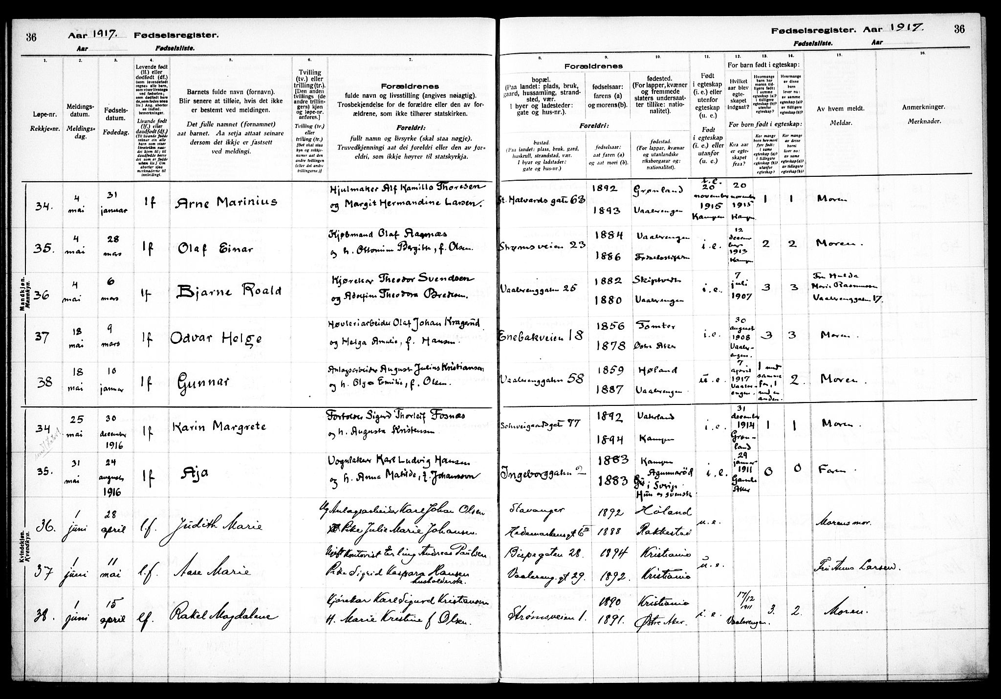 Vålerengen prestekontor Kirkebøker, AV/SAO-A-10878/J/Ja/L0001: Fødselsregister nr. 1, 1916-1924, s. 36