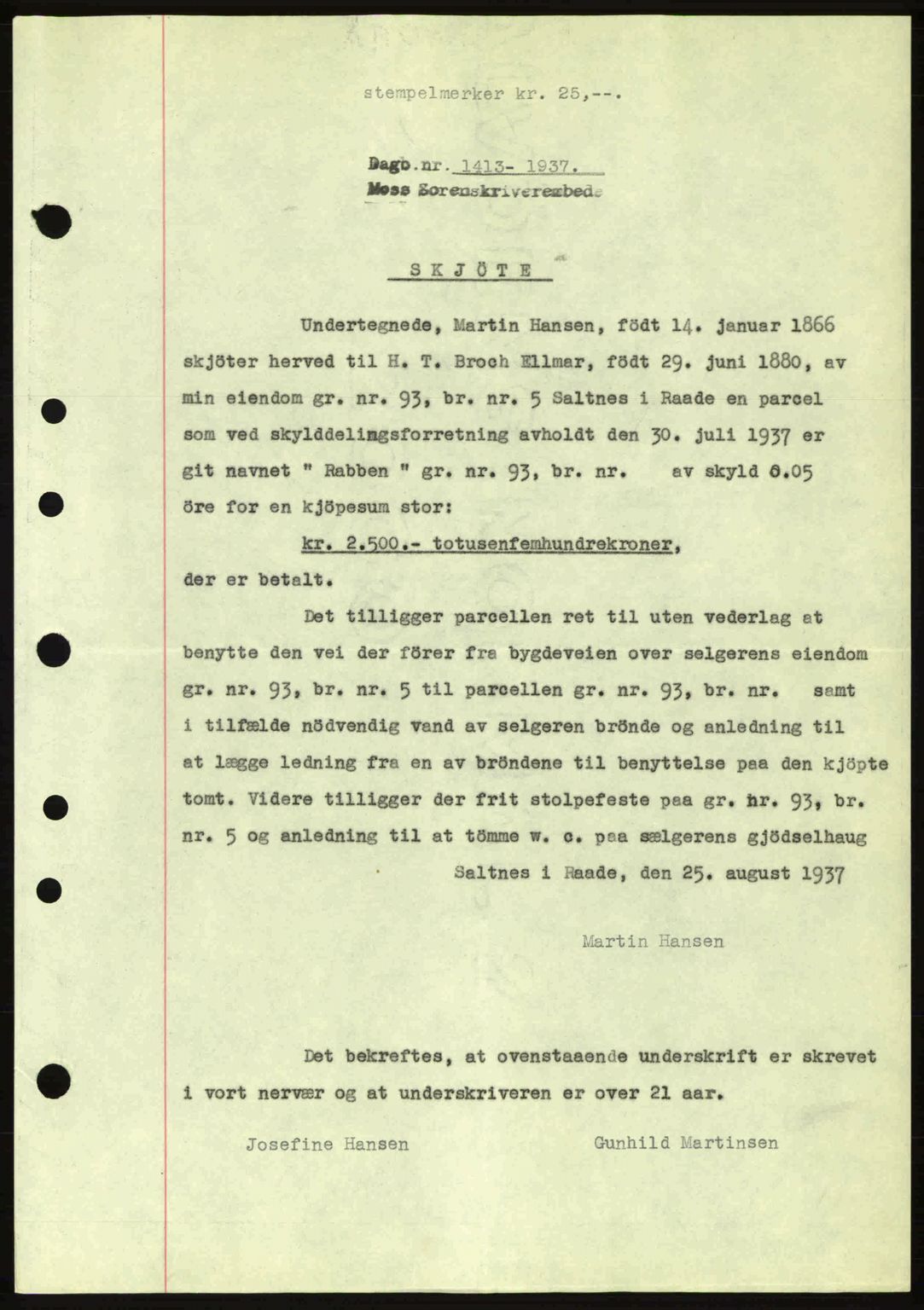 Moss sorenskriveri, SAO/A-10168: Pantebok nr. A3, 1937-1938, Dagboknr: 1413/1937