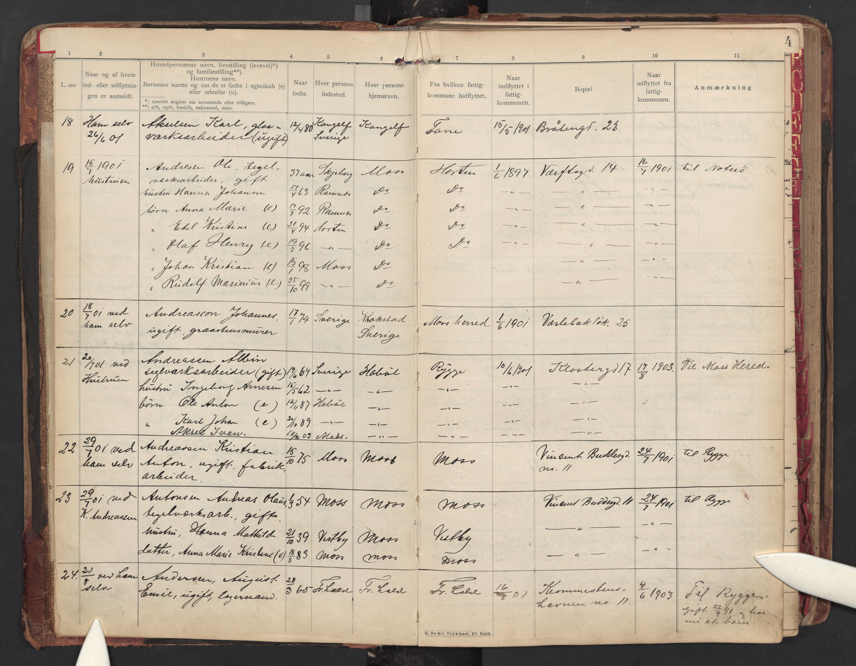 Moss folkeregister, AV/SAO-A-10020/J/L0001: Inn- og utflyttede i Moss fattigkommune, 1901-1905, s. 4