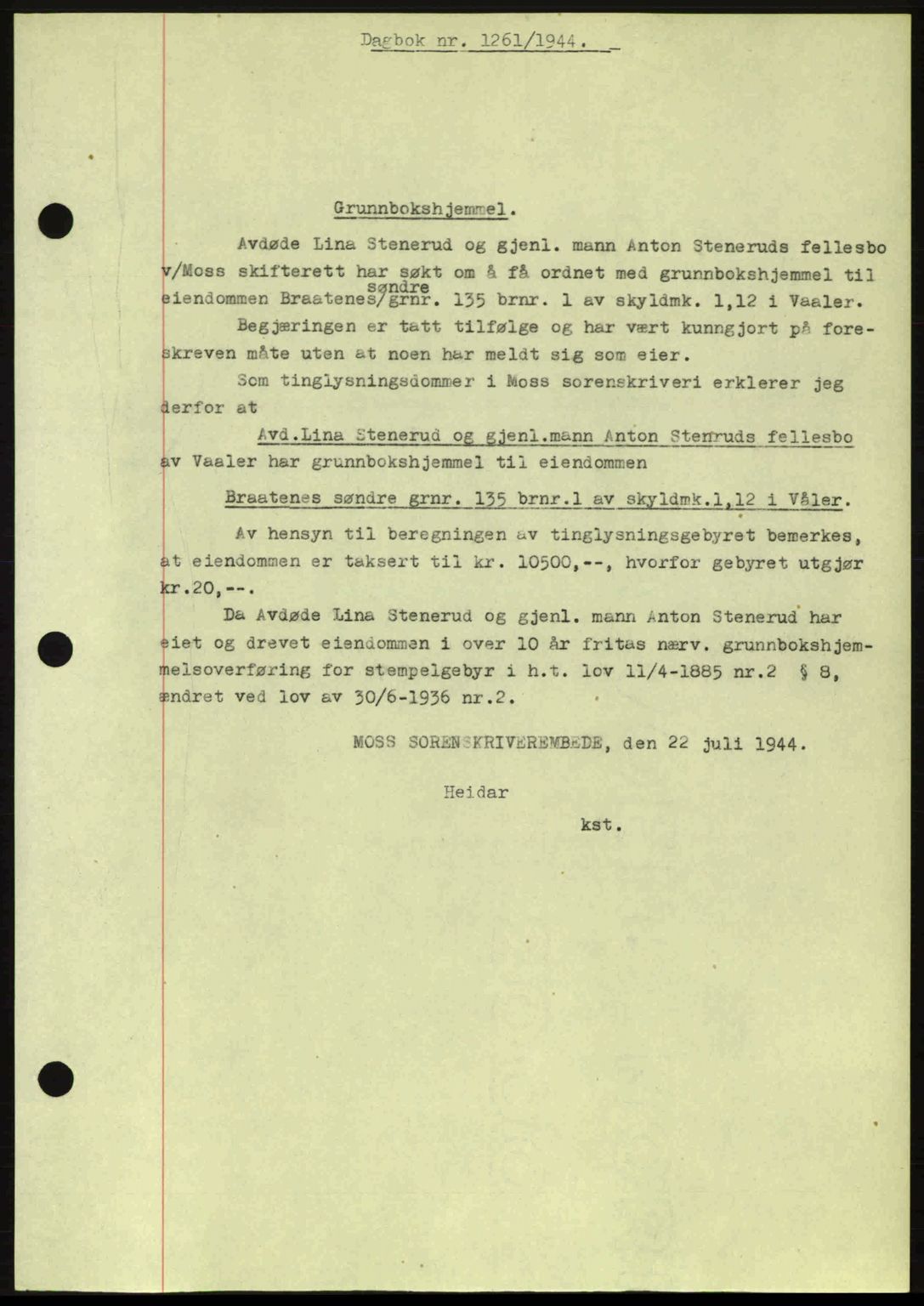 Moss sorenskriveri, SAO/A-10168: Pantebok nr. A12, 1943-1944, Dagboknr: 1261/1944