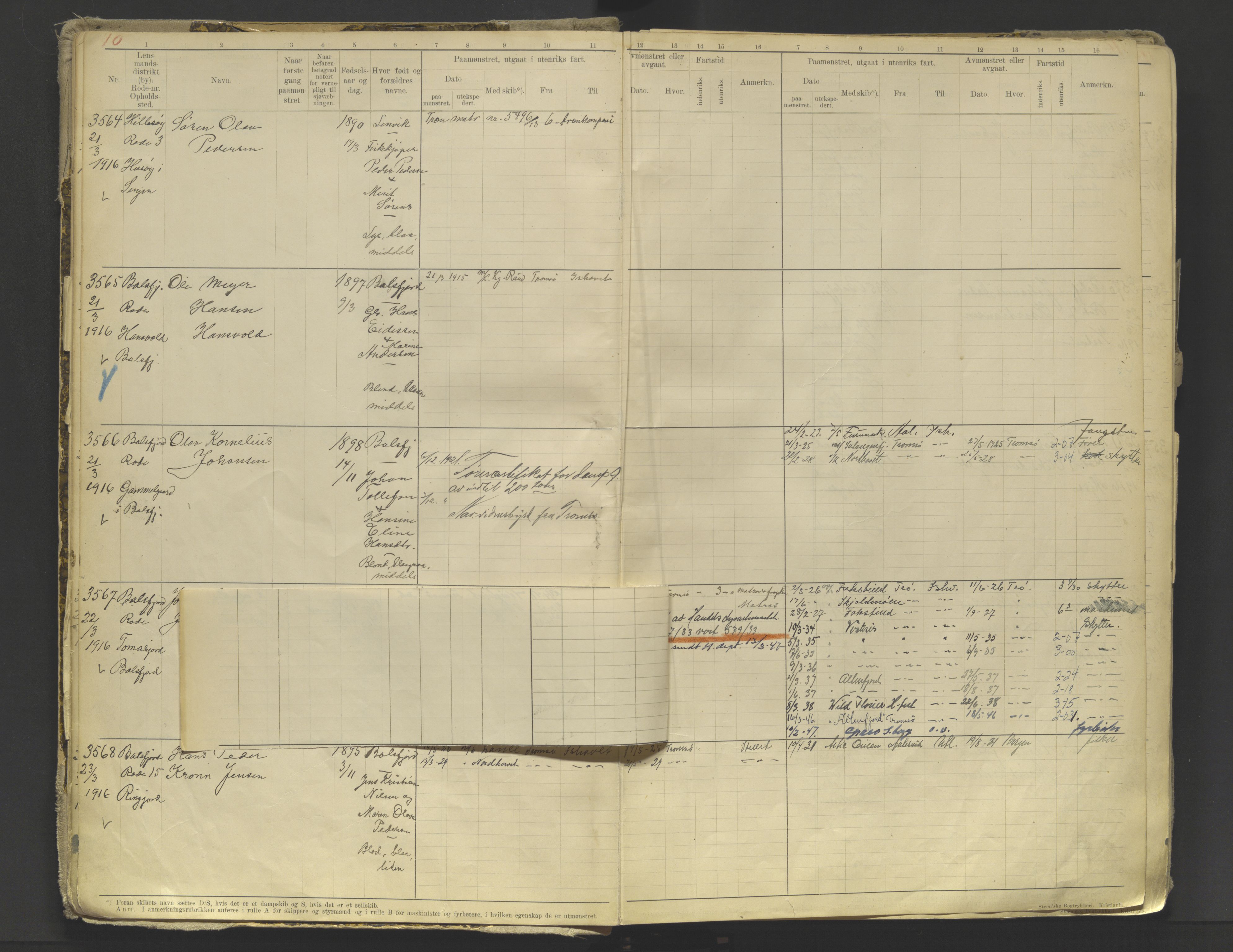 Tromsø sjømannskontor/innrullerings-/mønstringsdistrikt, AV/SATØ-S-0243/F/Fb/L0010: Annotasjonsrulle. Defekt: løs innbinding. Nr. 3519-4972, 1916-1920