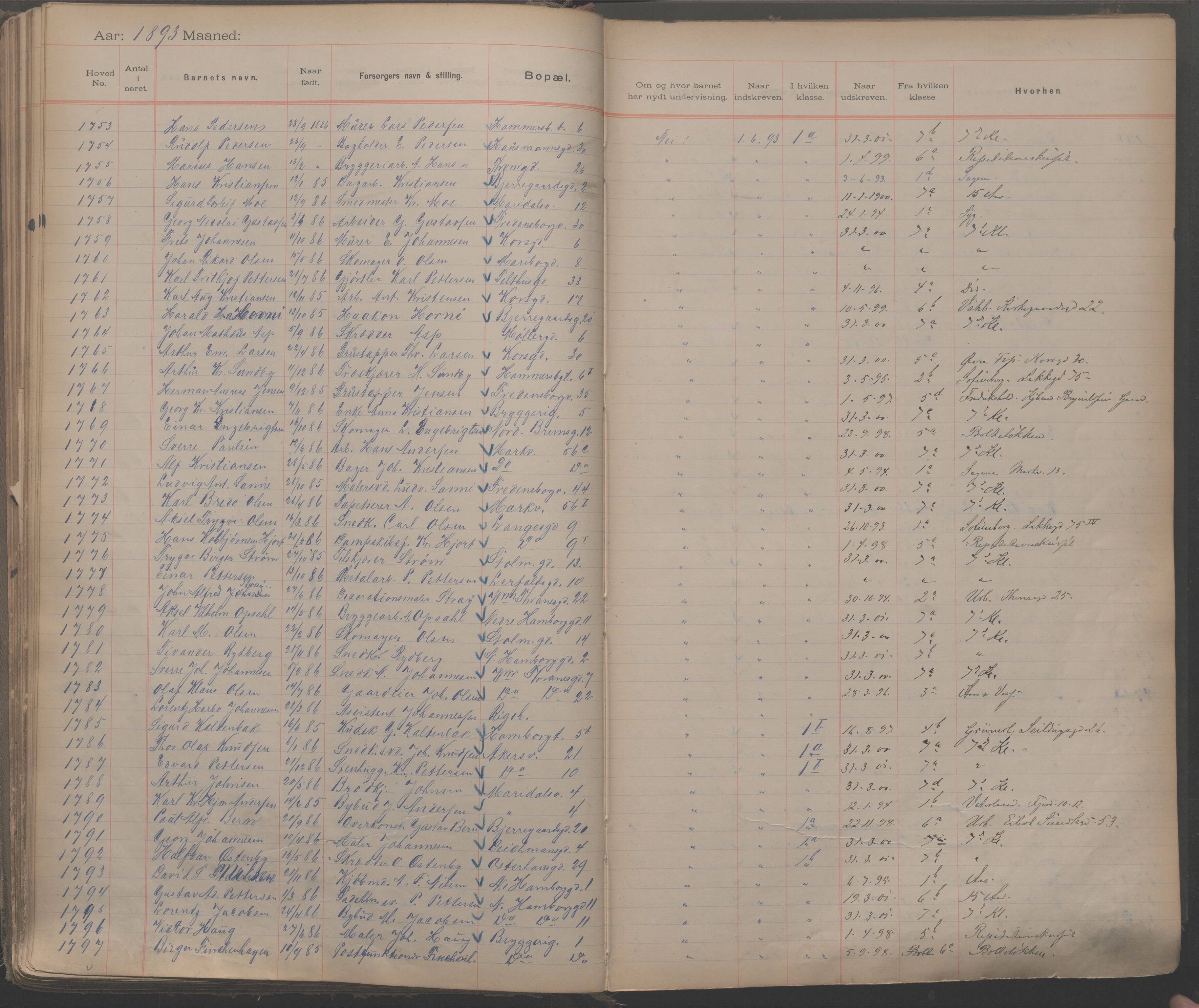 Møllergata skole, OBA/A-20129/F/Fa/L0001: Ut-/innskrivningsprotokoll, 1889-1907, s. 45