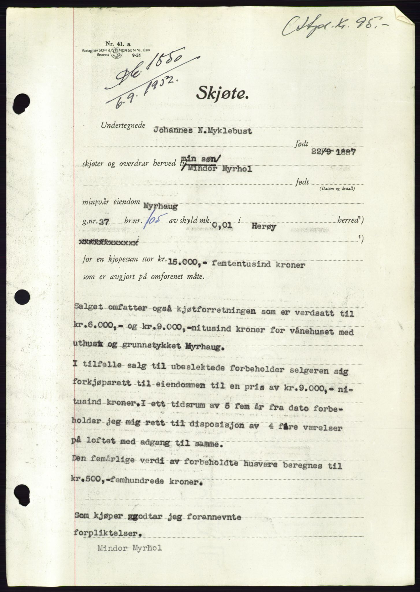 Søre Sunnmøre sorenskriveri, AV/SAT-A-4122/1/2/2C/L0092: Pantebok nr. 18A, 1952-1952, Dagboknr: 1850/1952