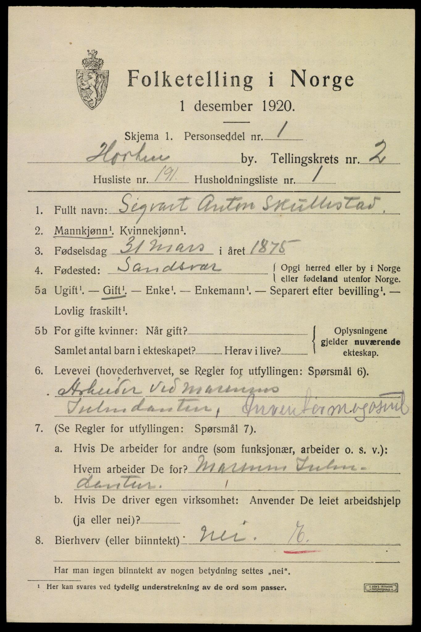 SAKO, Folketelling 1920 for 0703 Horten kjøpstad, 1920, s. 13141