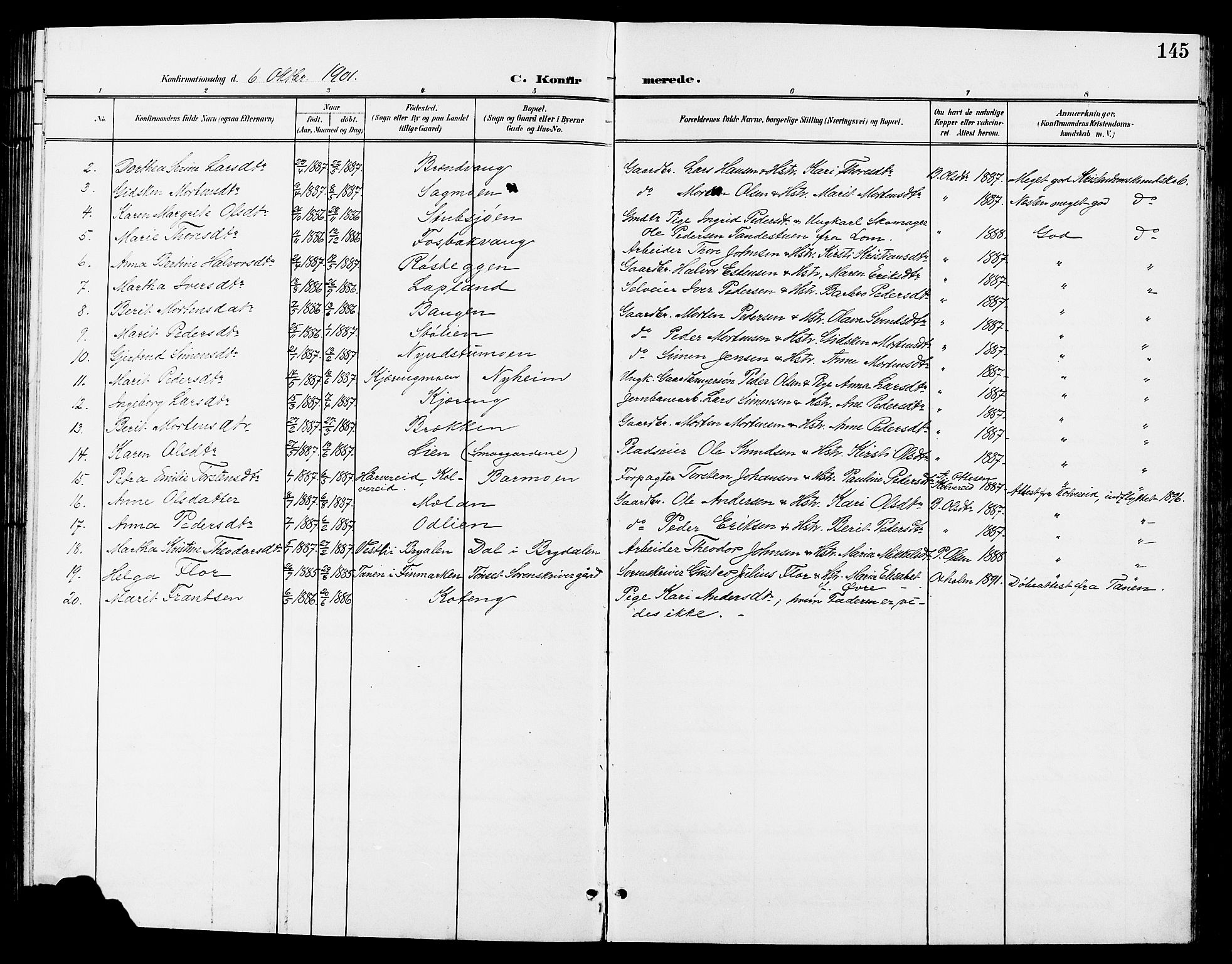 Tynset prestekontor, SAH/PREST-058/H/Ha/Hab/L0009: Klokkerbok nr. 9, 1900-1914, s. 145