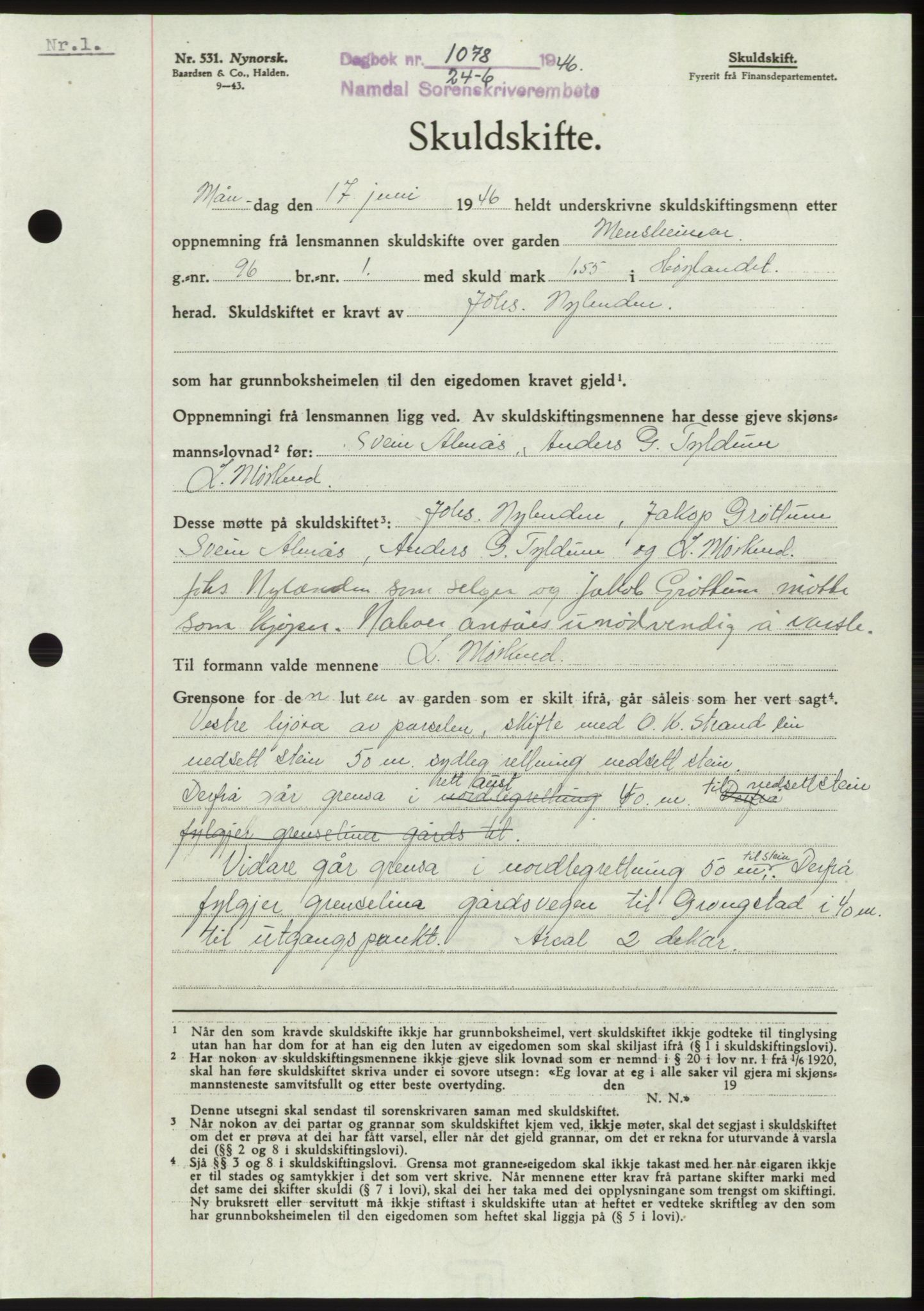 Namdal sorenskriveri, SAT/A-4133/1/2/2C: Pantebok nr. -, 1946-1946, Dagboknr: 1078/1946