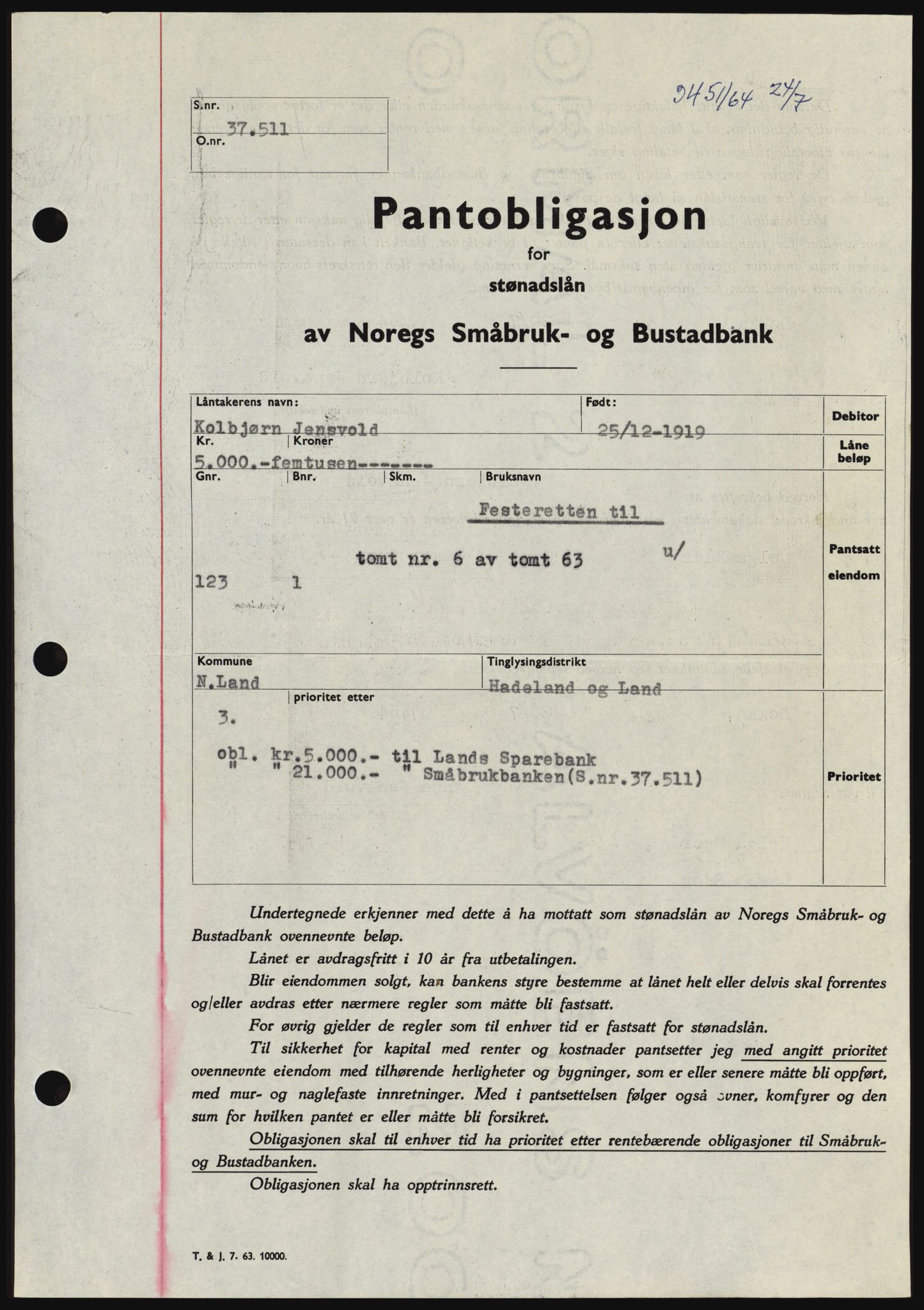 Hadeland og Land tingrett, SAH/TING-010/H/Hb/Hbc/L0055: Pantebok nr. B55, 1964-1964, Dagboknr: 3451/1964