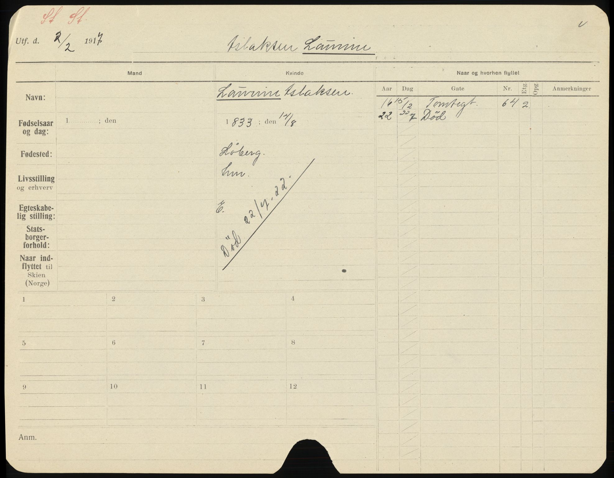 Skien folkeregister, AV/SAKO-A-425/H/Ha/L0001: Døde, 1916-1929, s. 879