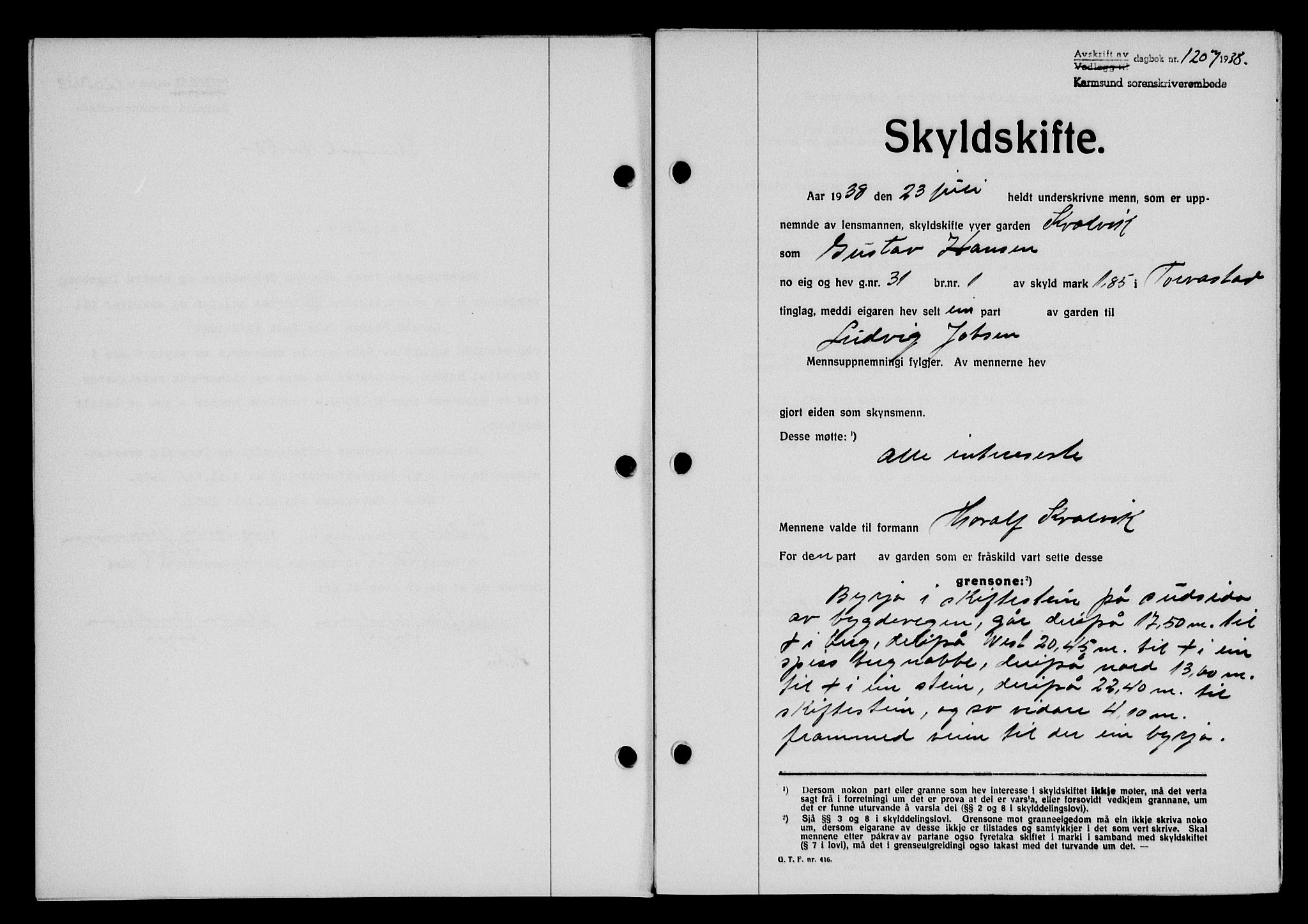 Karmsund sorenskriveri, SAST/A-100311/01/II/IIB/L0069: Pantebok nr. 50A, 1937-1938, Dagboknr: 1207/1938