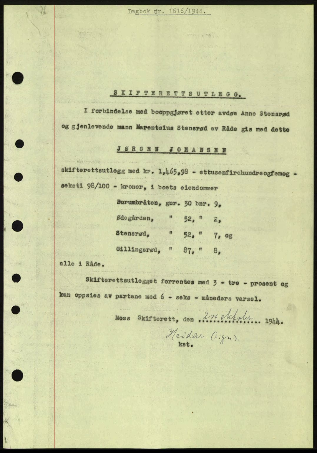 Moss sorenskriveri, SAO/A-10168: Pantebok nr. B13, 1943-1945, Dagboknr: 1616/1944