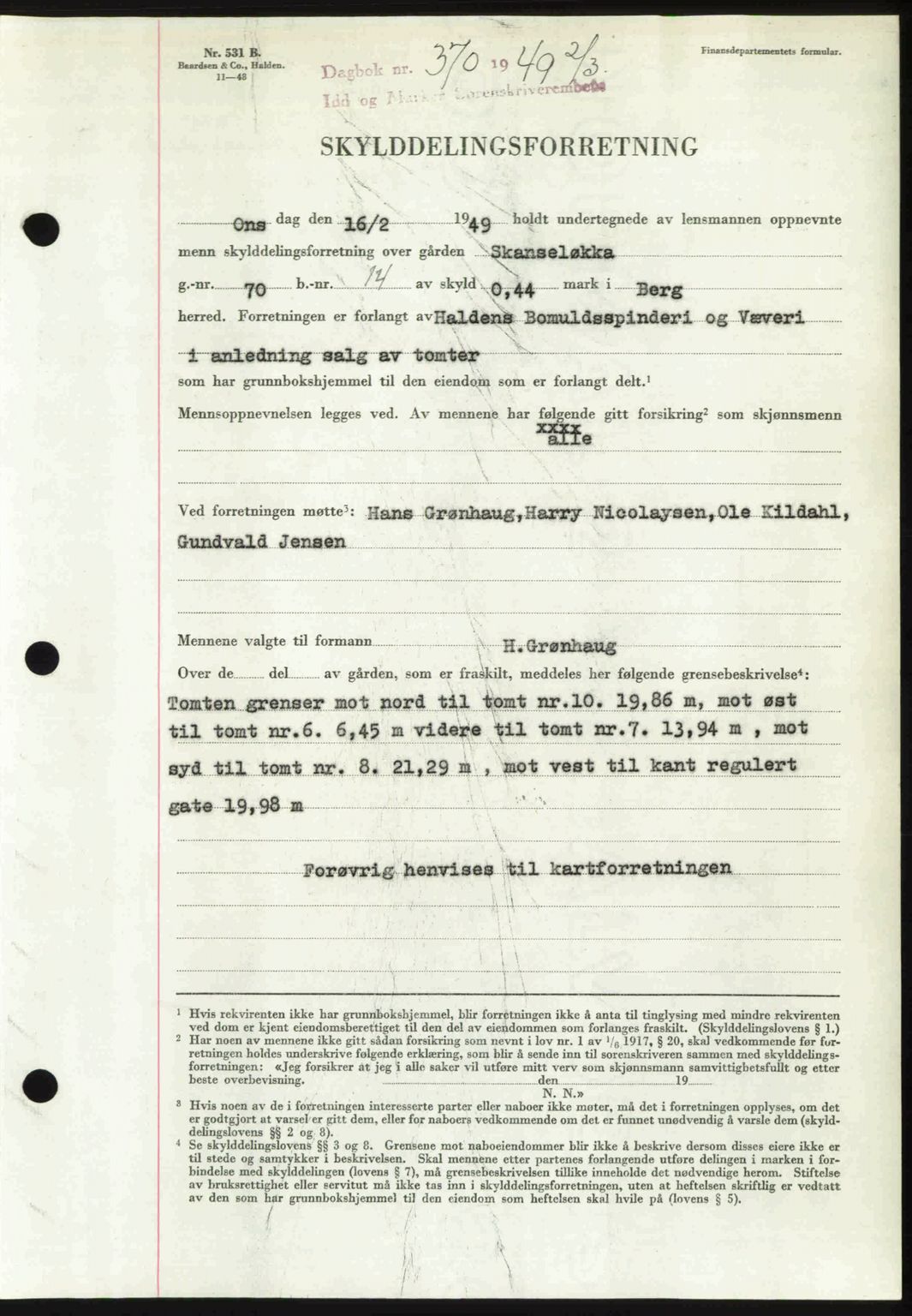 Idd og Marker sorenskriveri, SAO/A-10283/G/Gb/Gbb/L0011: Pantebok nr. A11, 1948-1949, Dagboknr: 370/1949