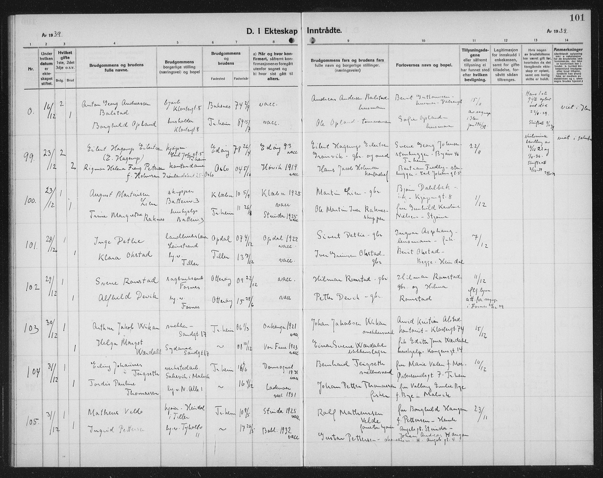 Ministerialprotokoller, klokkerbøker og fødselsregistre - Sør-Trøndelag, SAT/A-1456/602/L0152: Klokkerbok nr. 602C20, 1933-1940, s. 101