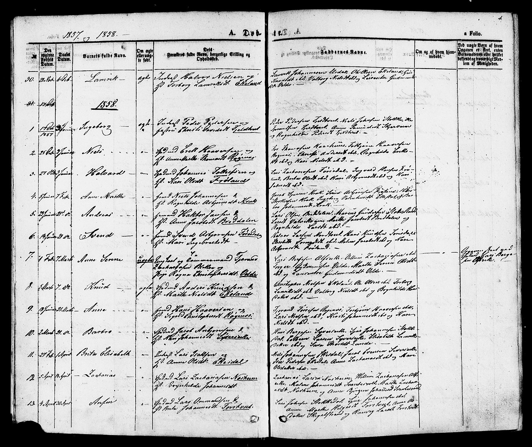 Skjold sokneprestkontor, SAST/A-101847/H/Ha/Haa/L0007: Ministerialbok nr. A 7, 1857-1882, s. 4