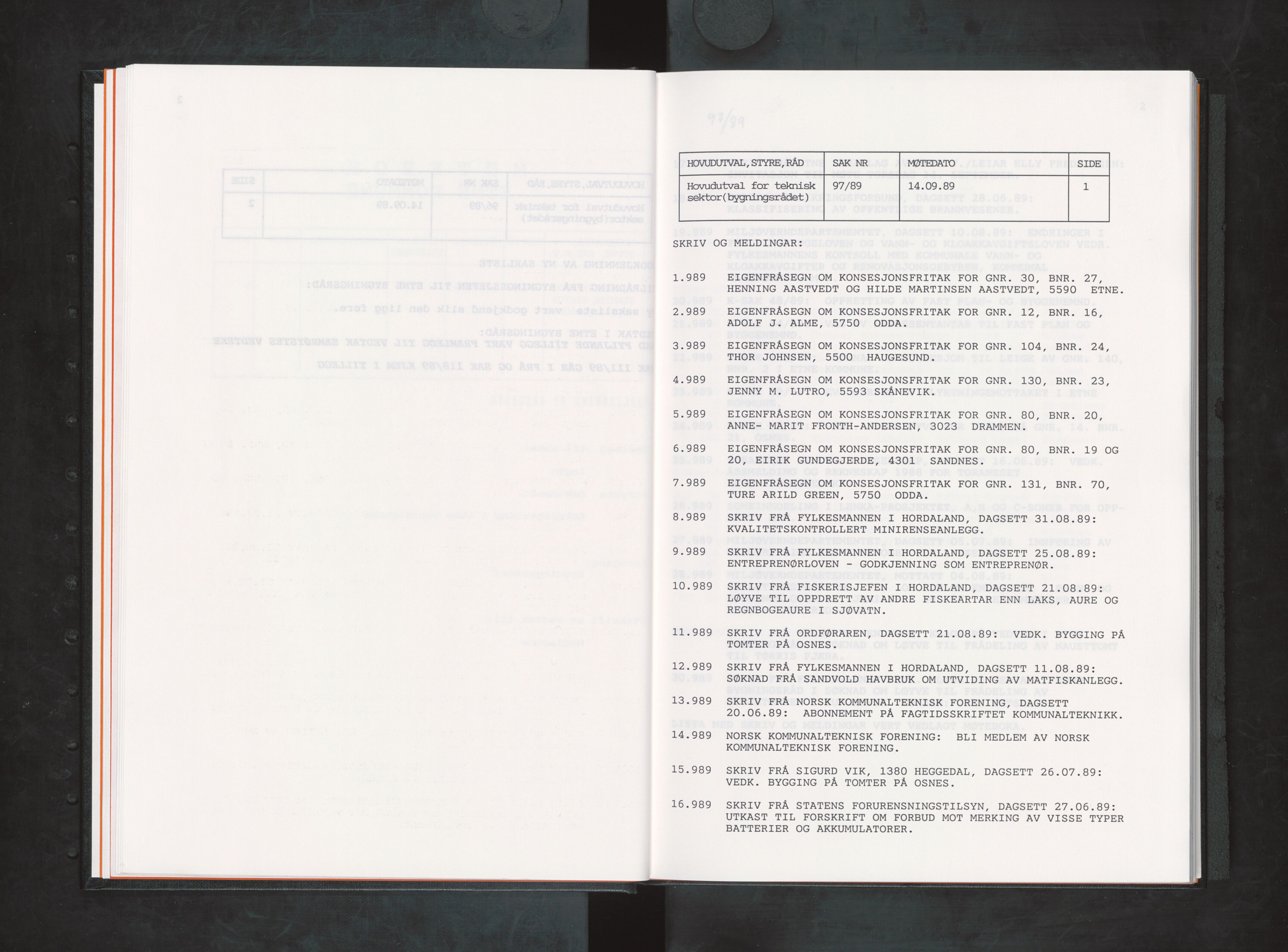 Etne kommune. Bygningsrådet, IKAH/1211-511/A/Aa/L0042: Møtebok Etne bygningsråd II, 1989