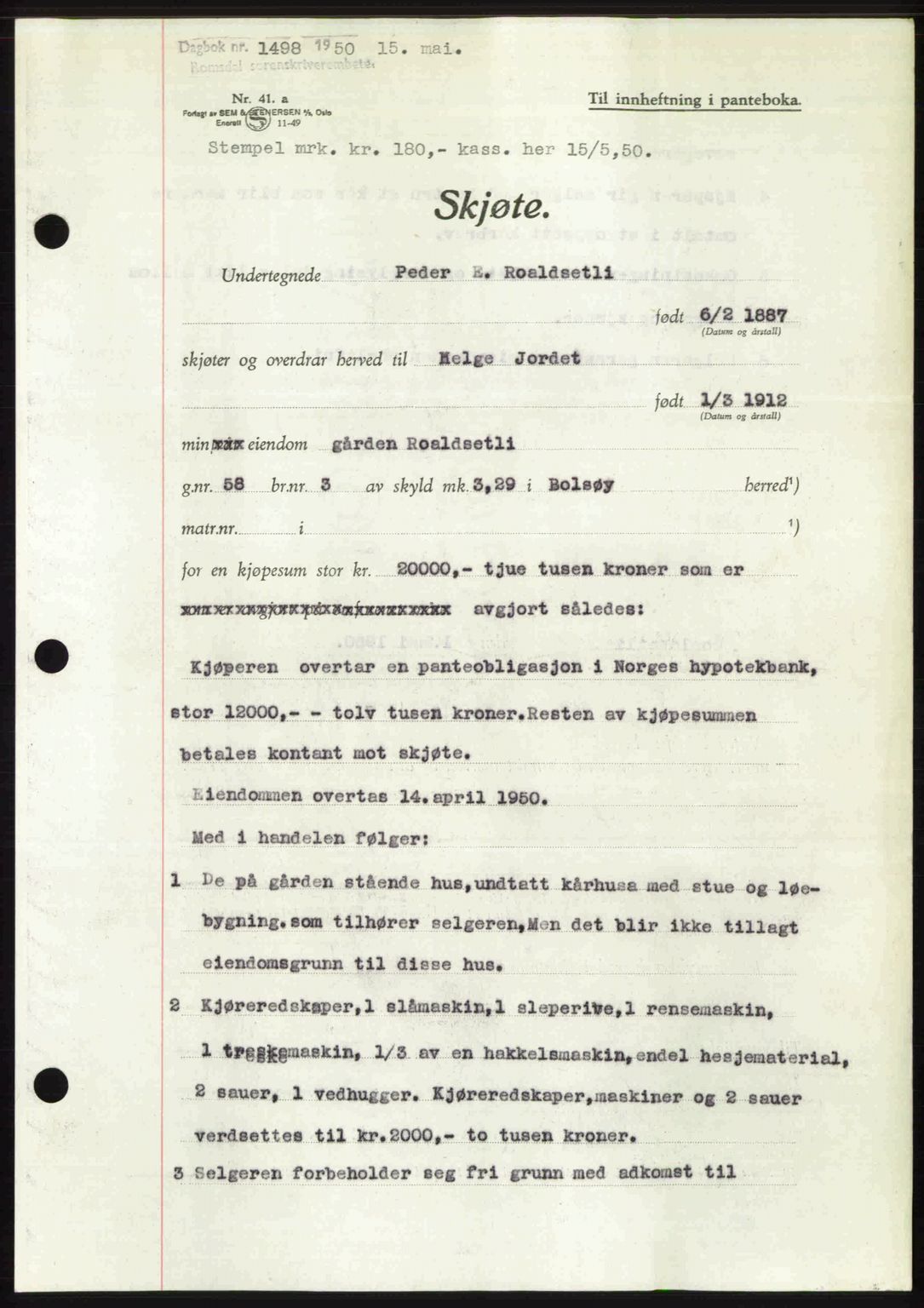 Romsdal sorenskriveri, SAT/A-4149/1/2/2C: Pantebok nr. A33, 1950-1950, Dagboknr: 1498/1950
