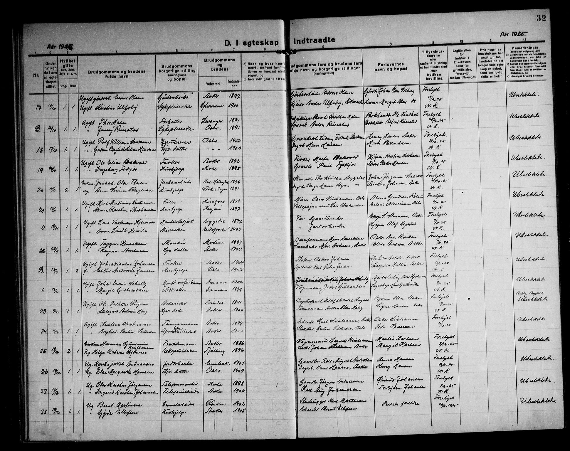 Asker prestekontor Kirkebøker, AV/SAO-A-10256a/F/Fa/L0020: Ministerialbok nr. I 20, 1918-1948, s. 32