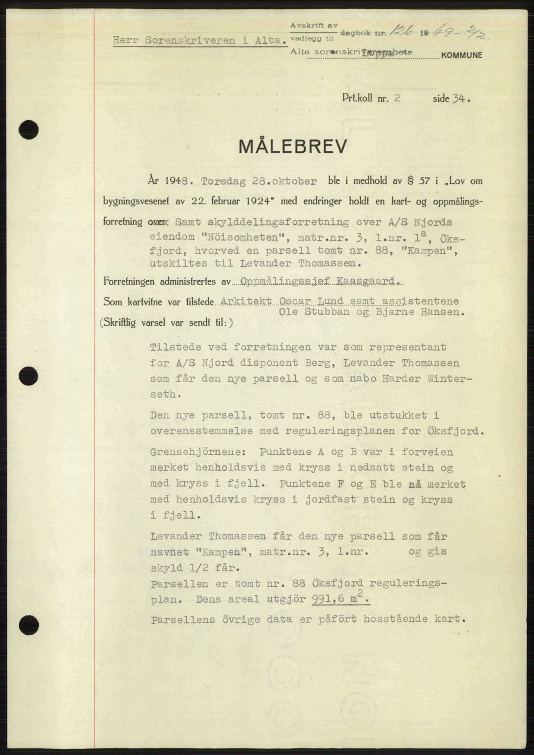 Alta fogderi/sorenskriveri, SATØ/SATØ-5/1/K/Kd/L0037pantebok: Pantebok nr. 39-40, 1948-1949, Dagboknr: 126/1949