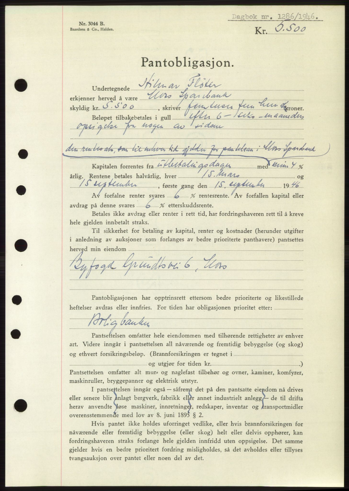 Moss sorenskriveri, SAO/A-10168: Pantebok nr. B15, 1946-1946, Dagboknr: 1286/1946