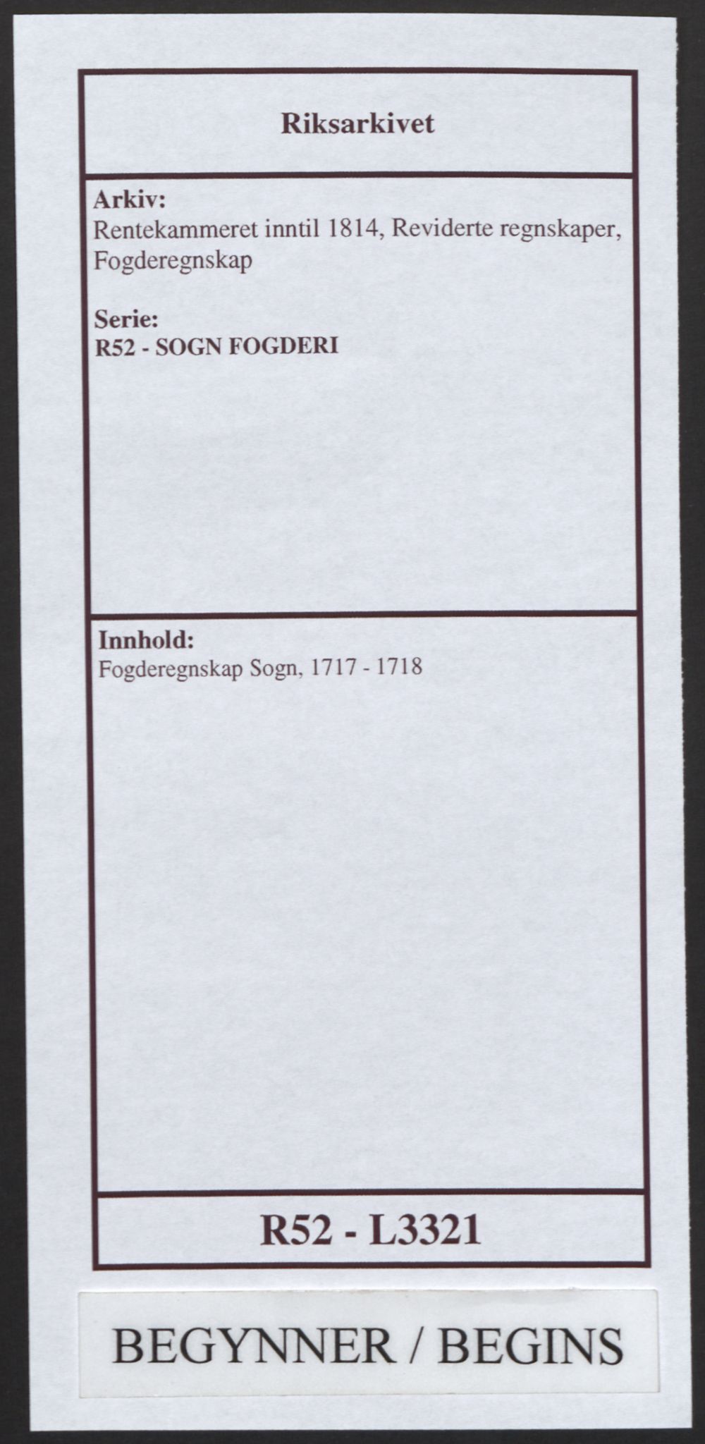 Rentekammeret inntil 1814, Reviderte regnskaper, Fogderegnskap, RA/EA-4092/R52/L3321: Fogderegnskap Sogn, 1717-1718, s. 1