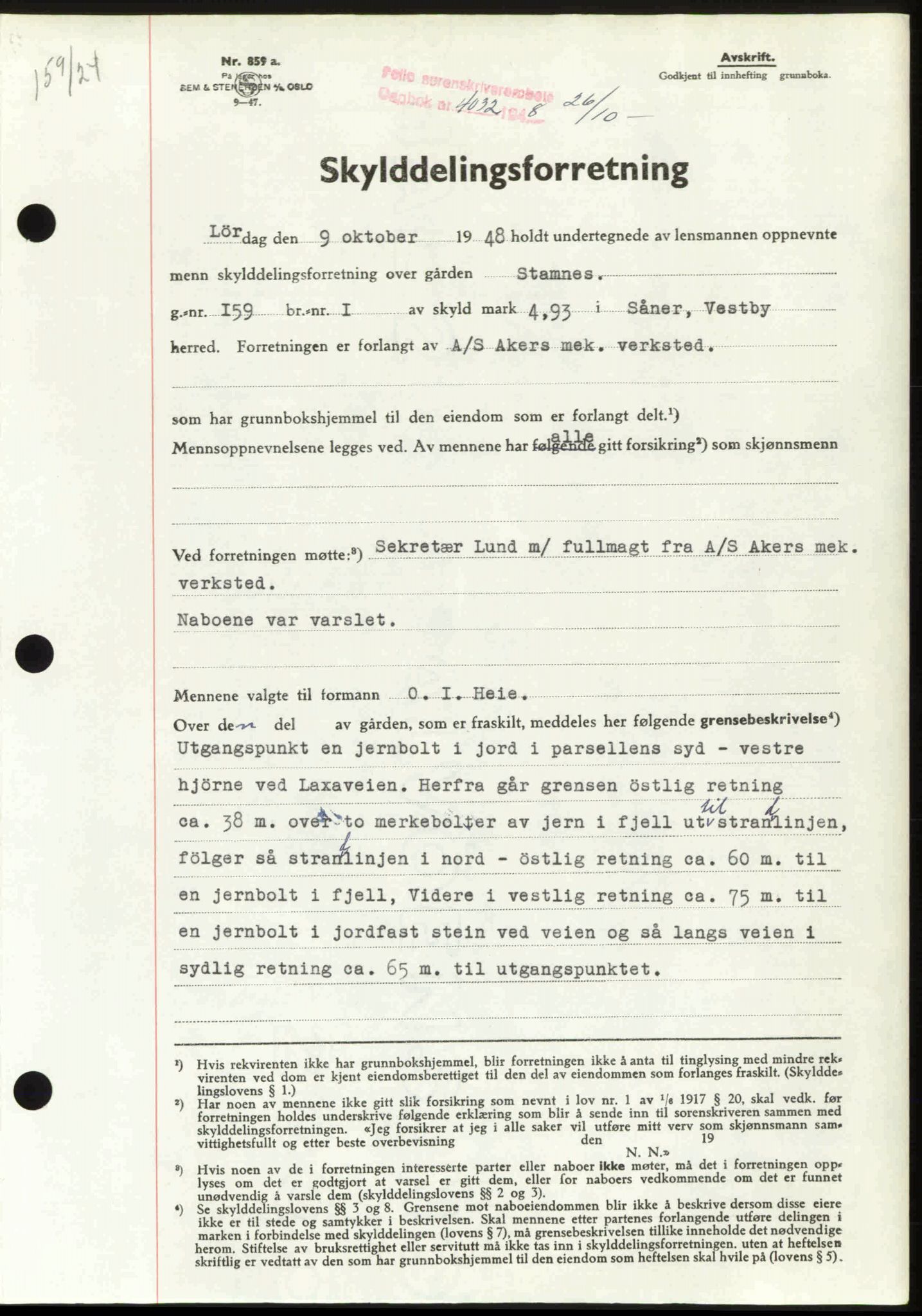 Follo sorenskriveri, SAO/A-10274/G/Ga/Gaa/L0085: Pantebok nr. I 85, 1948-1948, Dagboknr: 4032/1948