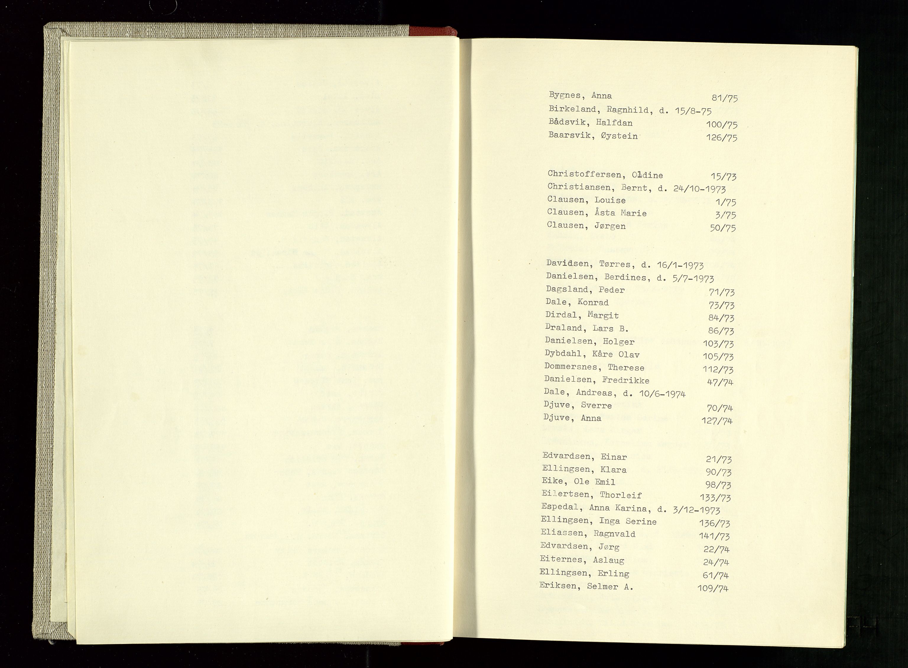 Avaldsnes lensmannskontor, AV/SAST-A-100286/Gga/L0011: Dødsfallsprotokoll, 1973-1975