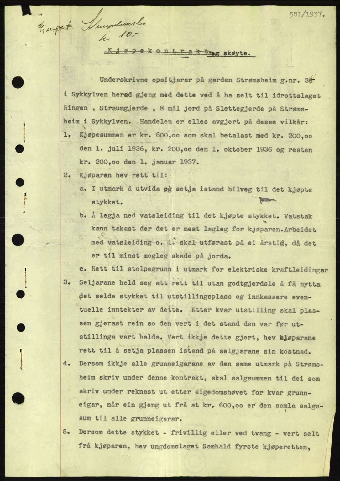 Nordre Sunnmøre sorenskriveri, SAT/A-0006/1/2/2C/2Ca: Pantebok nr. A2, 1936-1937, Dagboknr: 581/1937