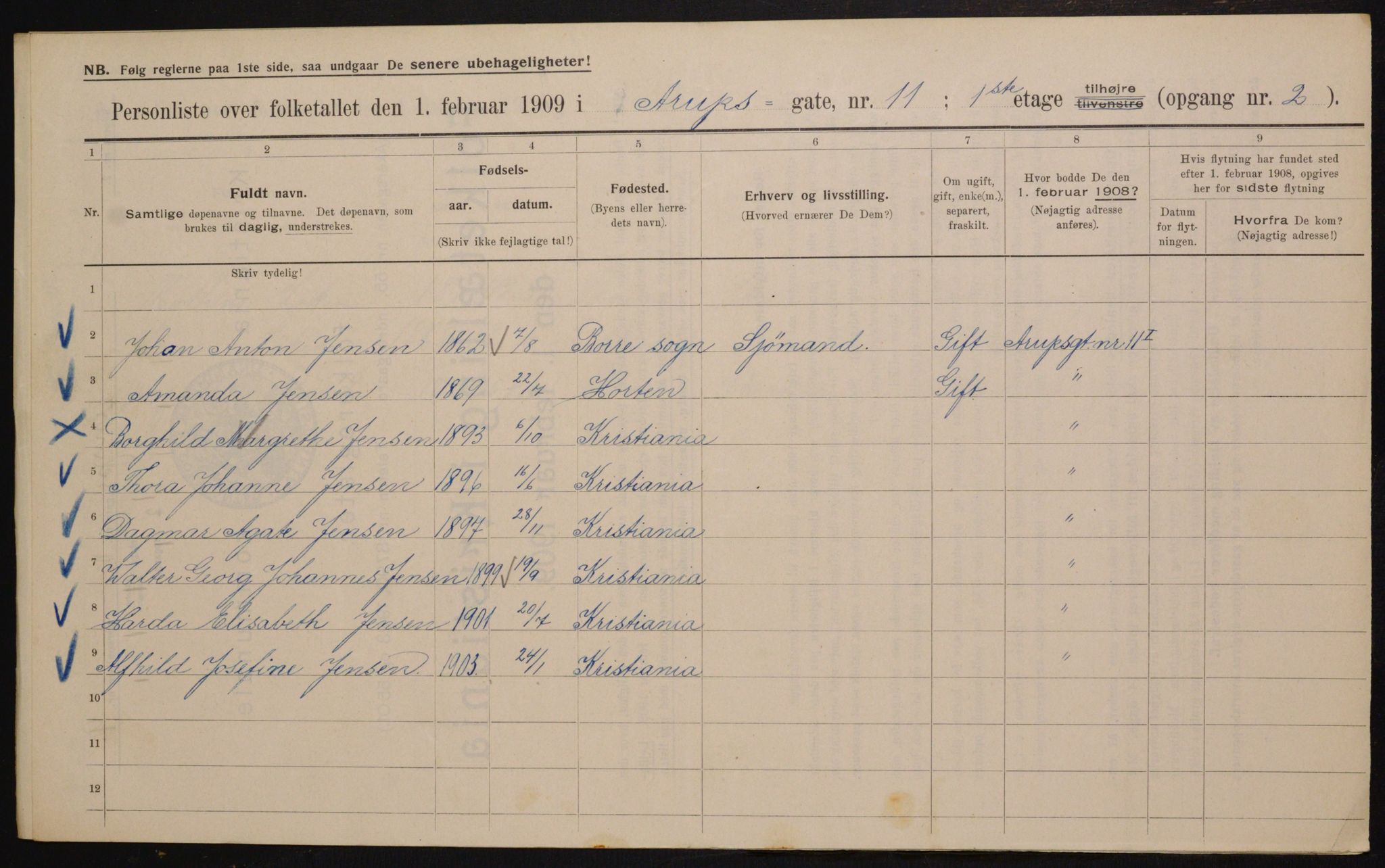 OBA, Kommunal folketelling 1.2.1909 for Kristiania kjøpstad, 1909, s. 2137
