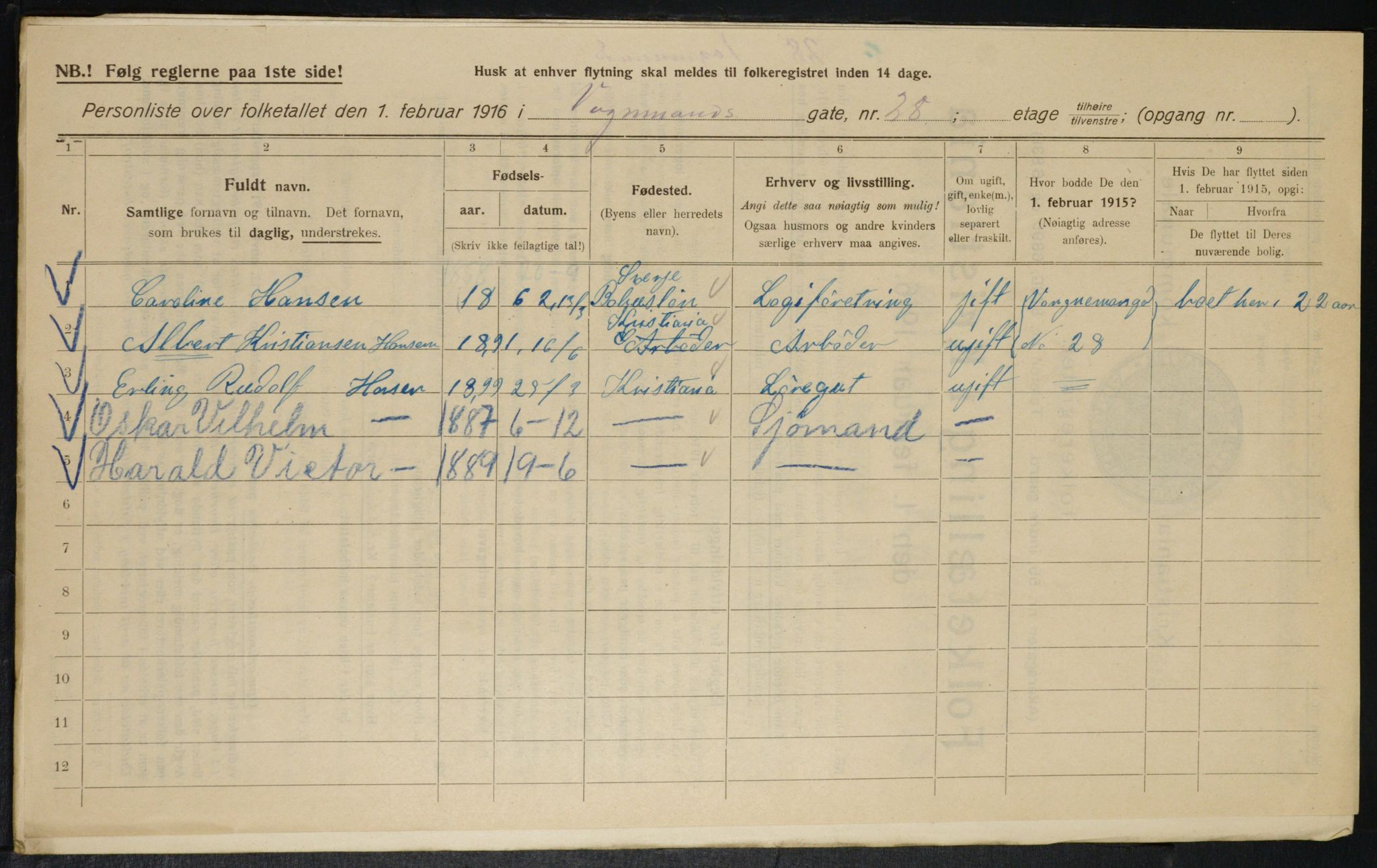 OBA, Kommunal folketelling 1.2.1916 for Kristiania, 1916, s. 127903