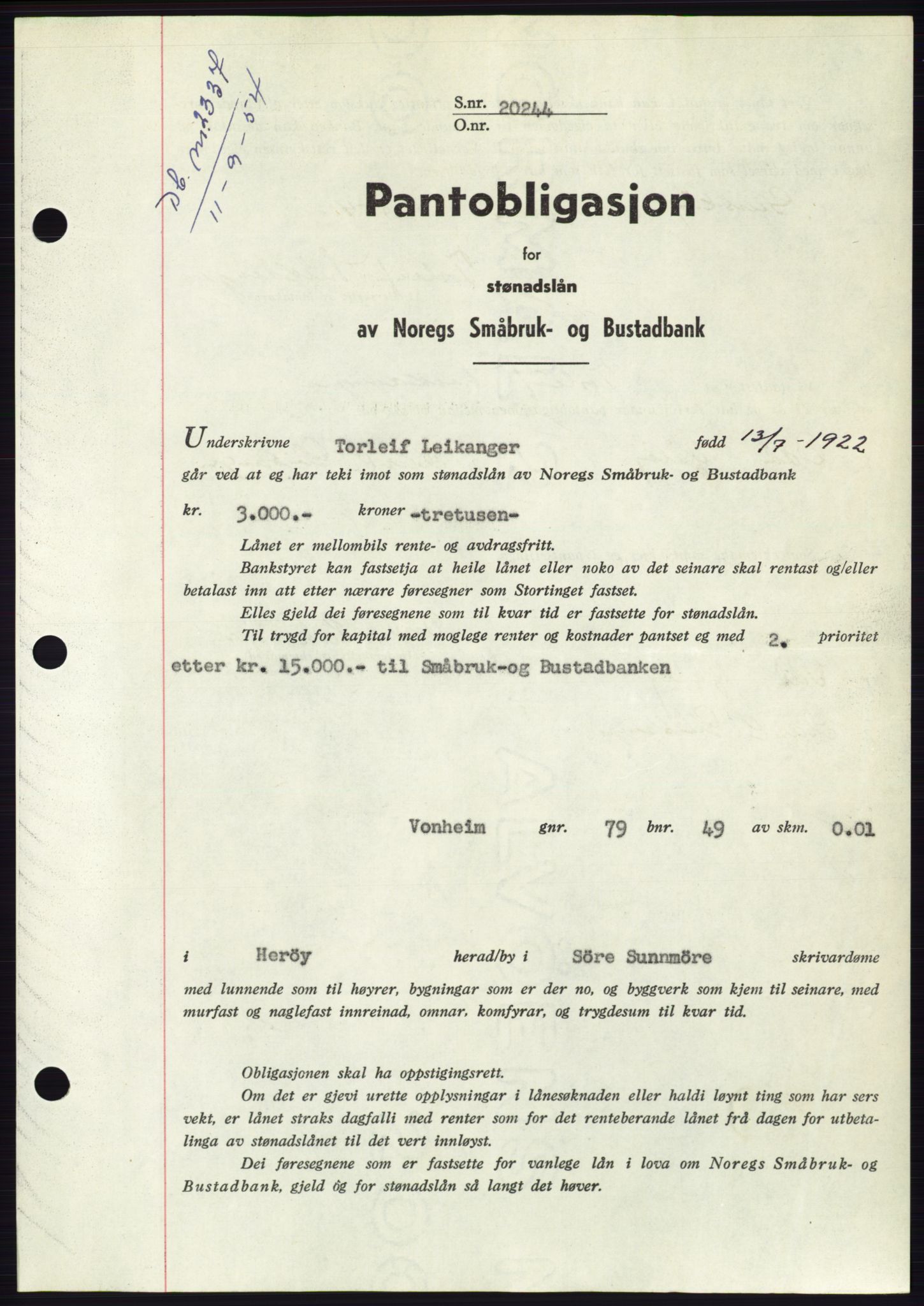 Søre Sunnmøre sorenskriveri, SAT/A-4122/1/2/2C/L0125: Pantebok nr. 13B, 1954-1954, Dagboknr: 2337/1954