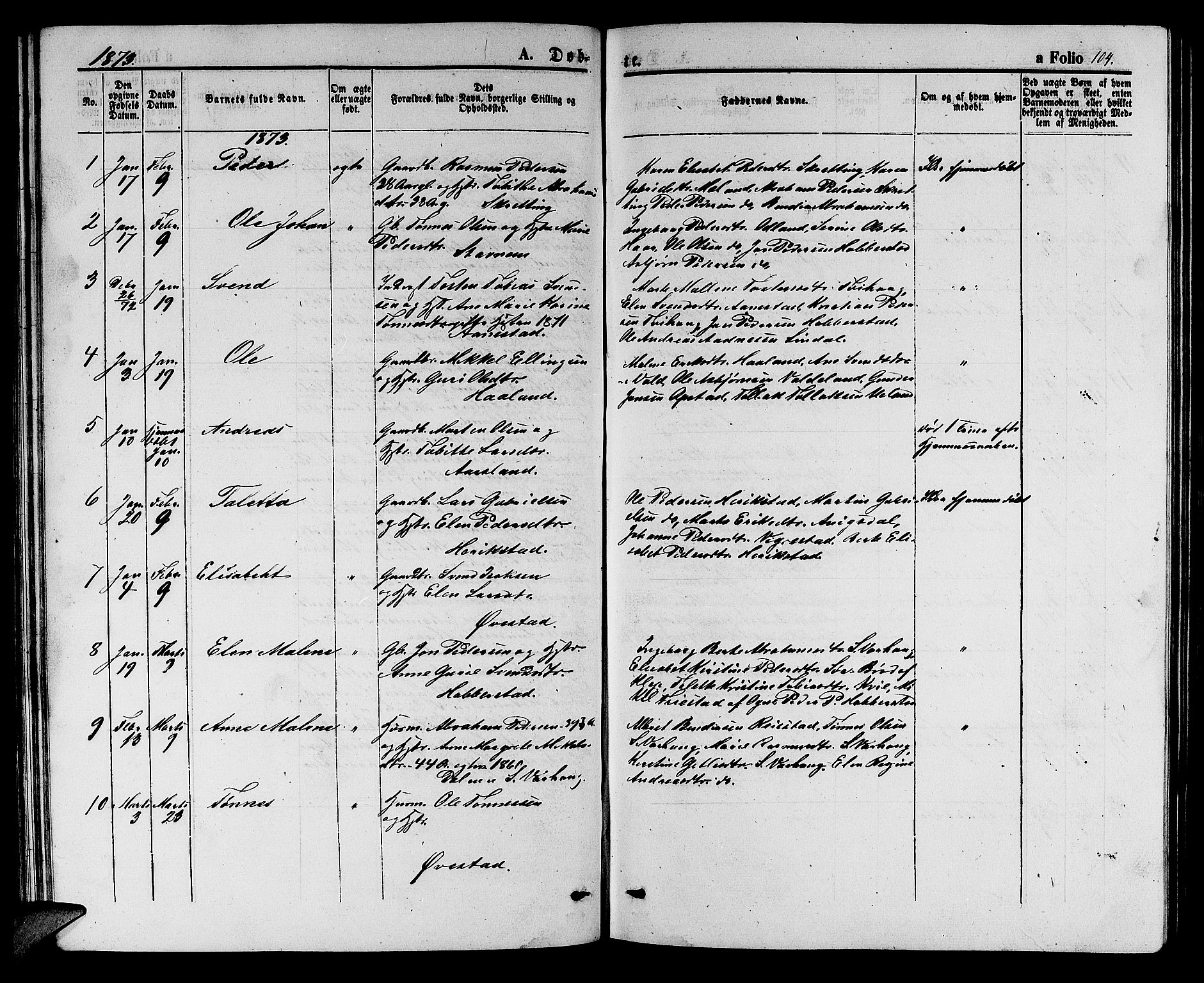 Hå sokneprestkontor, AV/SAST-A-101801/001/30BB/L0002: Klokkerbok nr. B 2, 1854-1883, s. 104