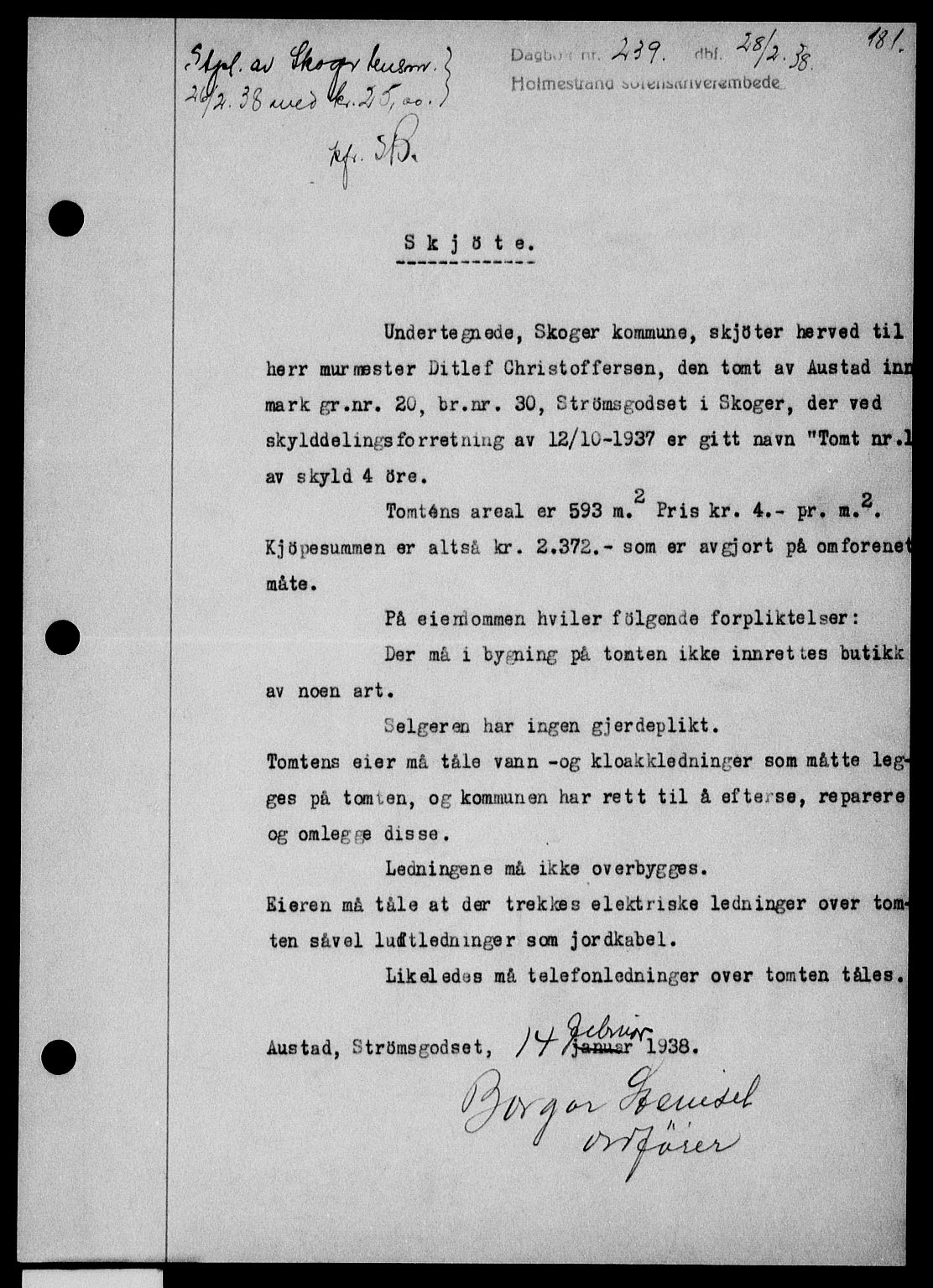 Holmestrand sorenskriveri, SAKO/A-67/G/Ga/Gaa/L0049: Pantebok nr. A-49, 1937-1938, Dagboknr: 239/1938