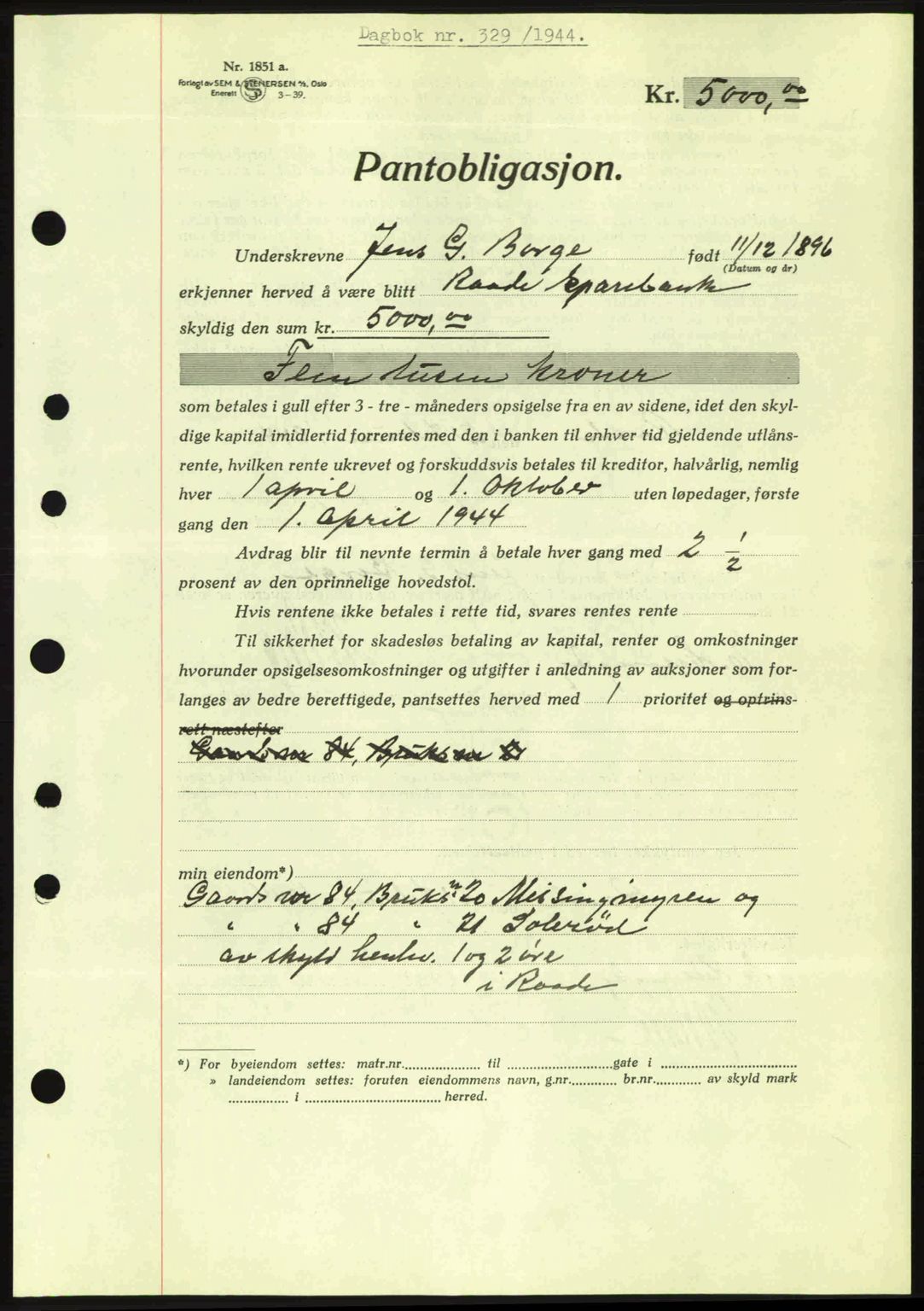 Moss sorenskriveri, SAO/A-10168: Pantebok nr. B13, 1943-1945, Dagboknr: 329/1944