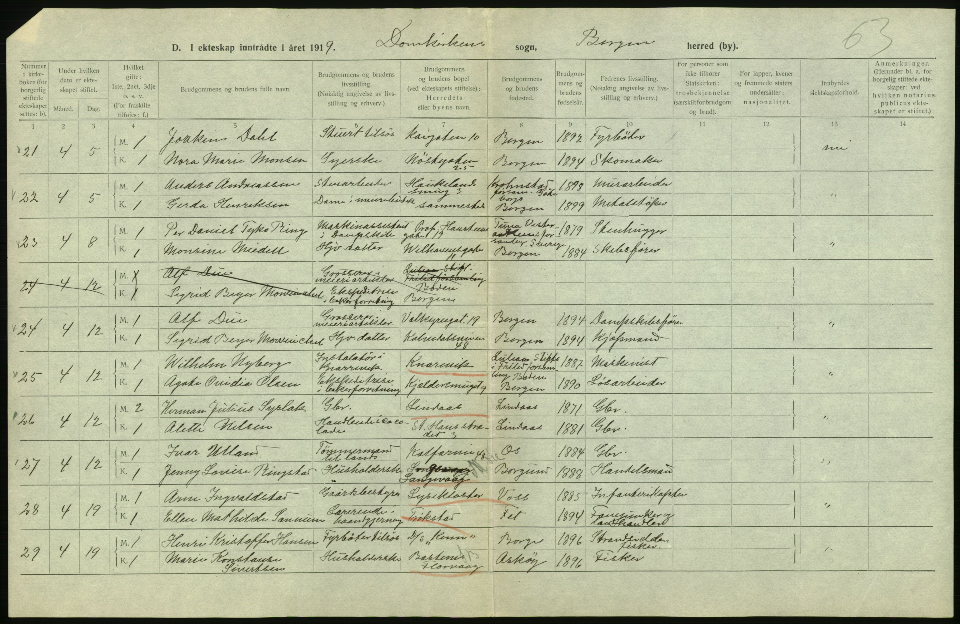 Statistisk sentralbyrå, Sosiodemografiske emner, Befolkning, RA/S-2228/D/Df/Dfb/Dfbi/L0035: Bergen: Gifte, døde, dødfødte., 1919, s. 242