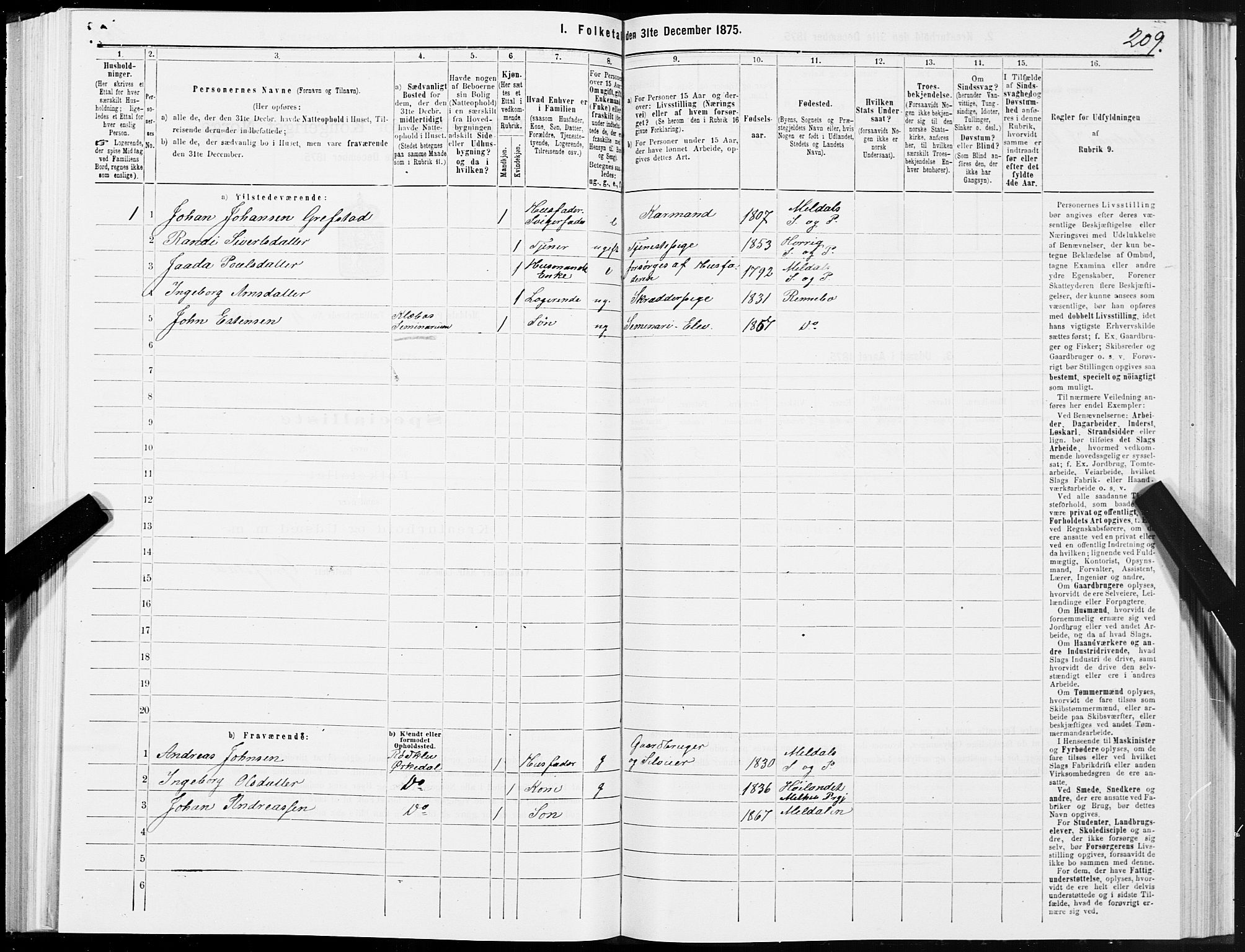 SAT, Folketelling 1875 for 1636P Meldal prestegjeld, 1875, s. 2209