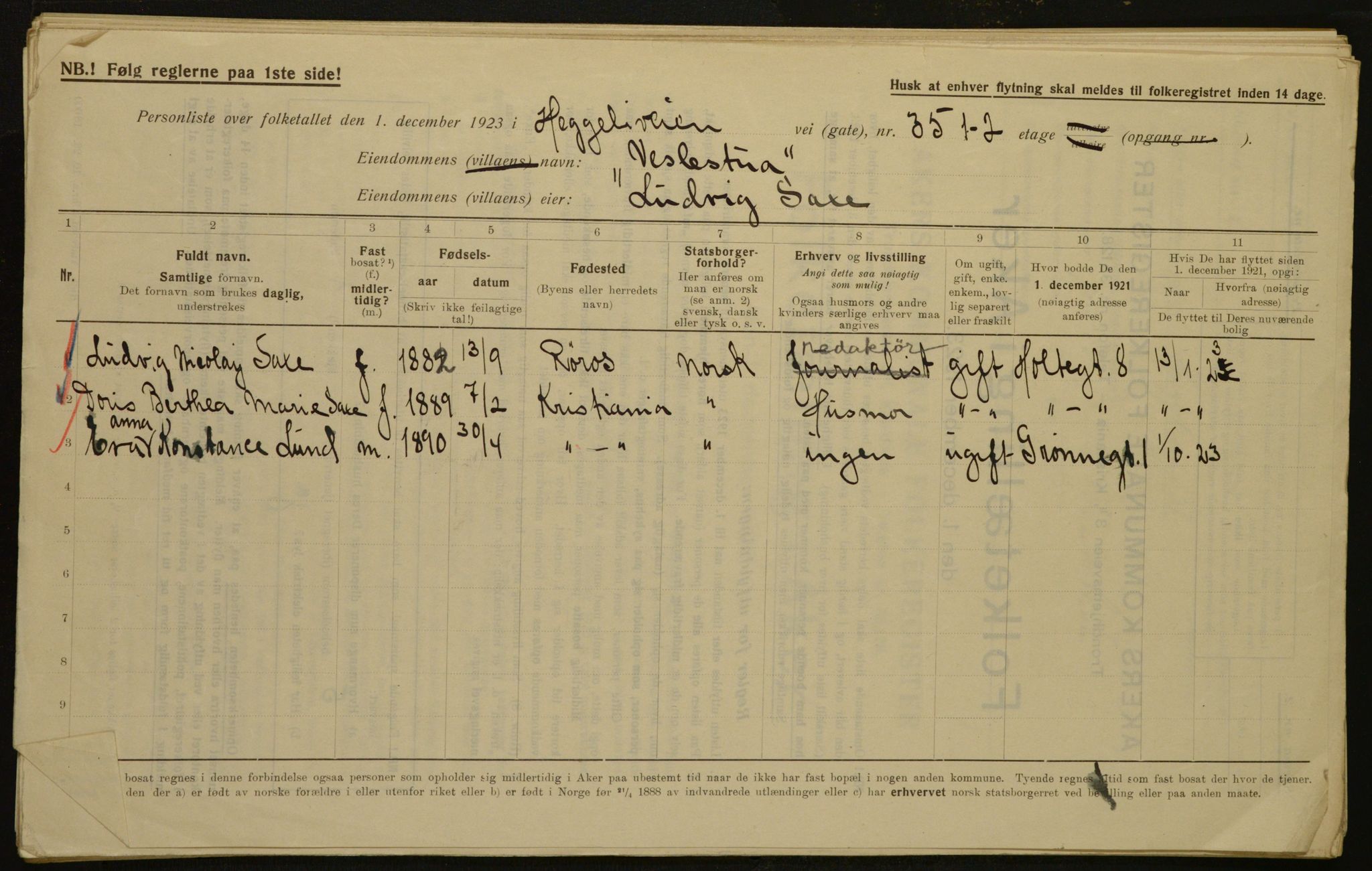 , Kommunal folketelling 1.12.1923 for Aker, 1923, s. 2298