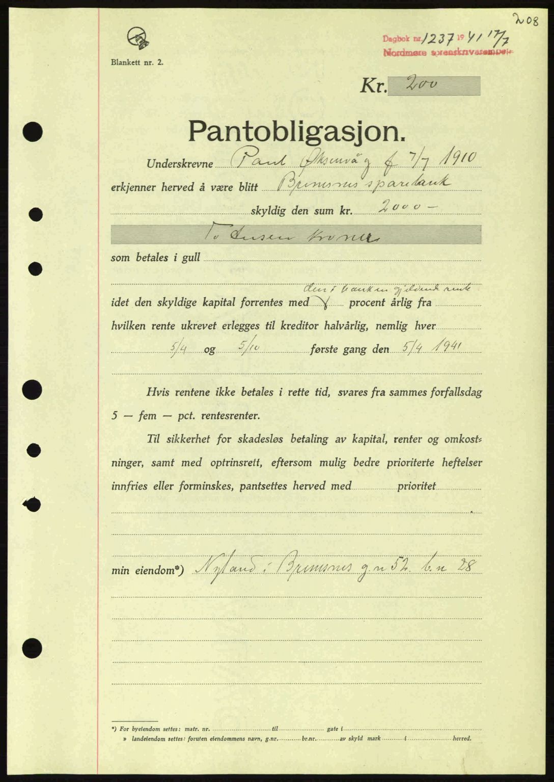 Nordmøre sorenskriveri, SAT/A-4132/1/2/2Ca: Pantebok nr. B88, 1941-1942, Dagboknr: 1237/1941