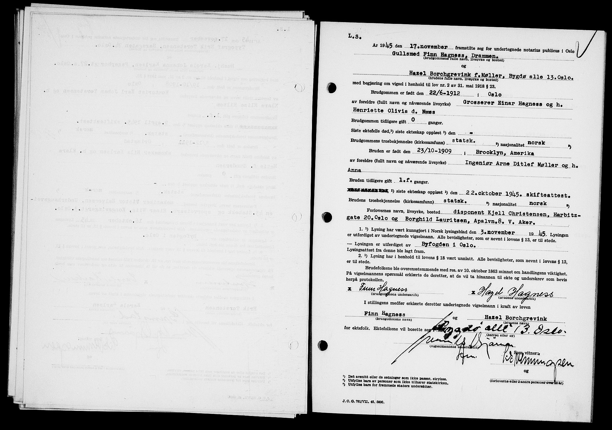 Oslo byfogd avd. I, AV/SAO-A-10220/L/Lb/Lbb/L0055: Notarialprotokoll, rekke II: Vigsler, 1945-1946