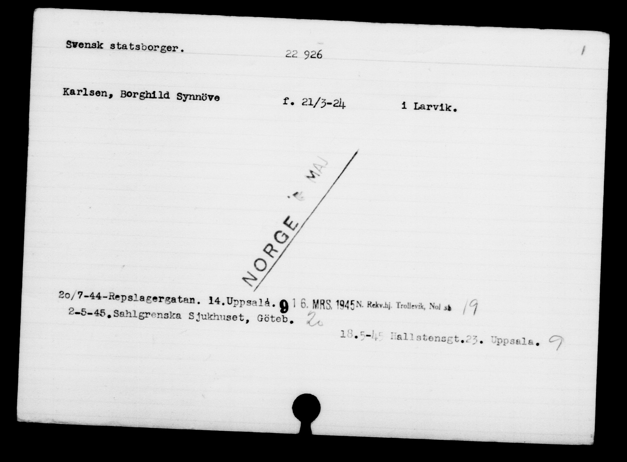 Utenriksstasjonene, Legasjonen i Stockholm, Flyktningkontoret, AV/RA-S-6753/V/Va/L0010: Kjesäterkartoteket, flyktninger med registreringsnr. 22000-25314, 1940-1945, s. 1004