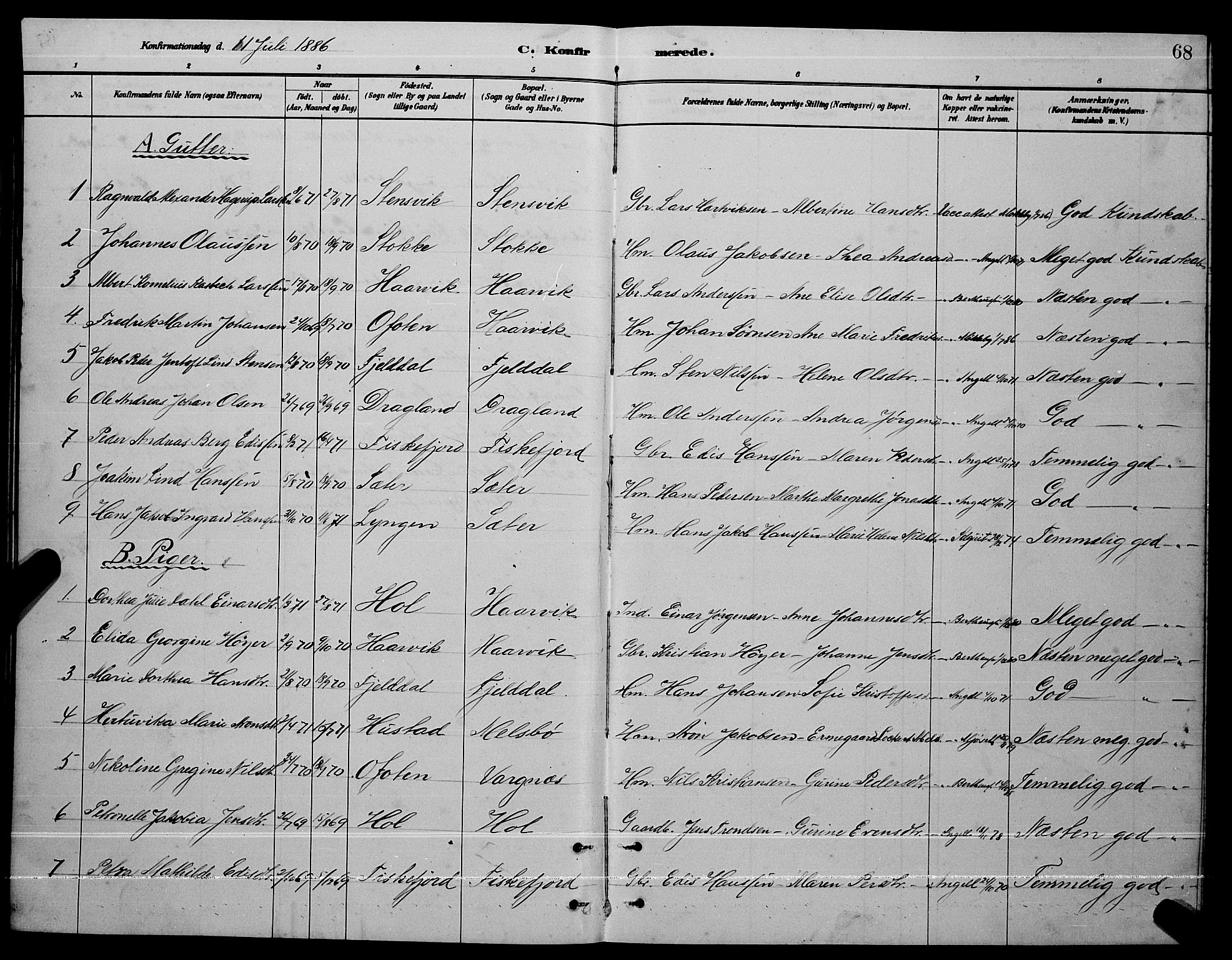 Ministerialprotokoller, klokkerbøker og fødselsregistre - Nordland, AV/SAT-A-1459/865/L0931: Klokkerbok nr. 865C03, 1885-1901, s. 68