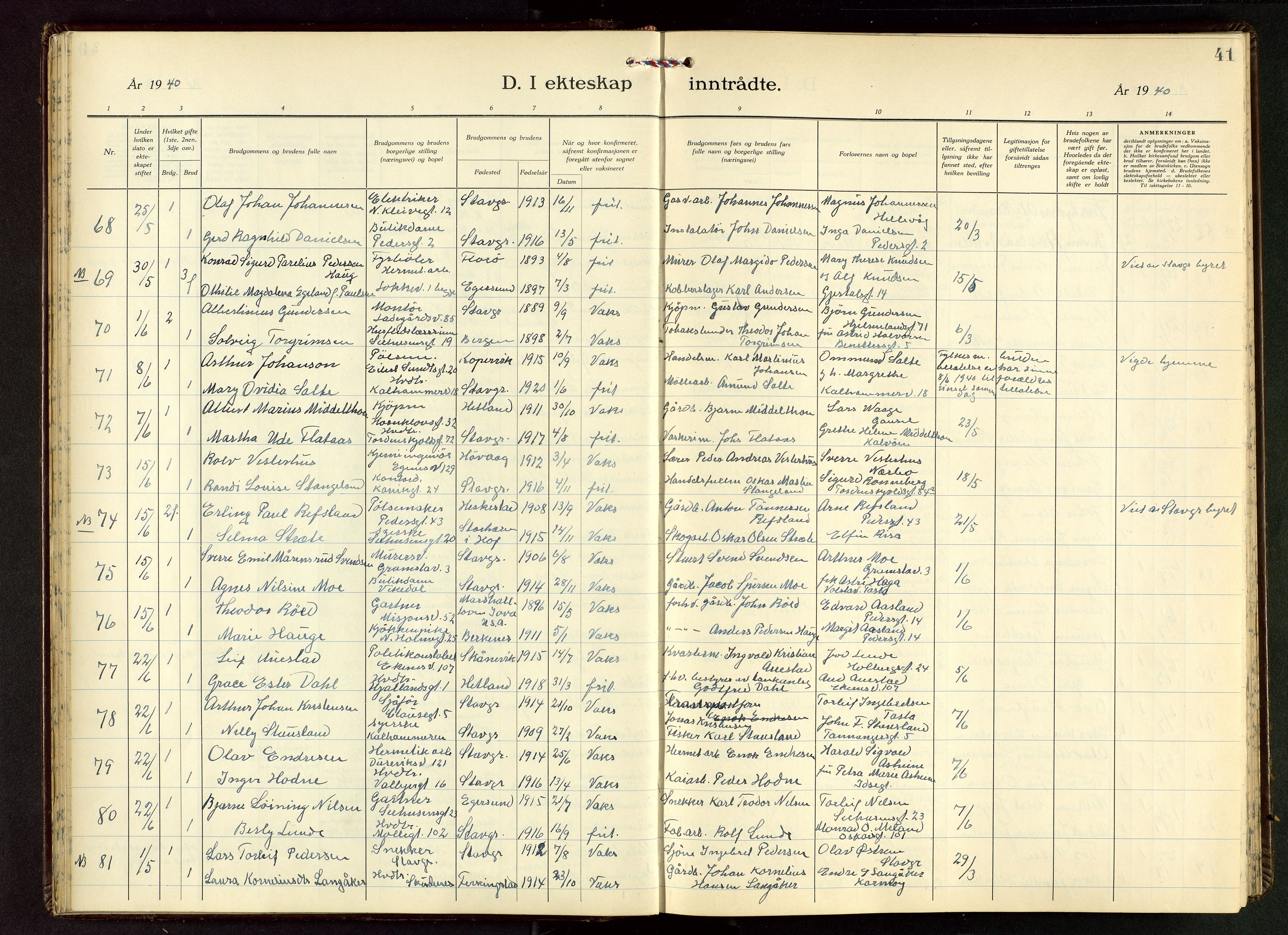 Domkirken sokneprestkontor, AV/SAST-A-101812/001/30/30BB/L0022: Klokkerbok nr. B 22, 1937-1949, s. 41